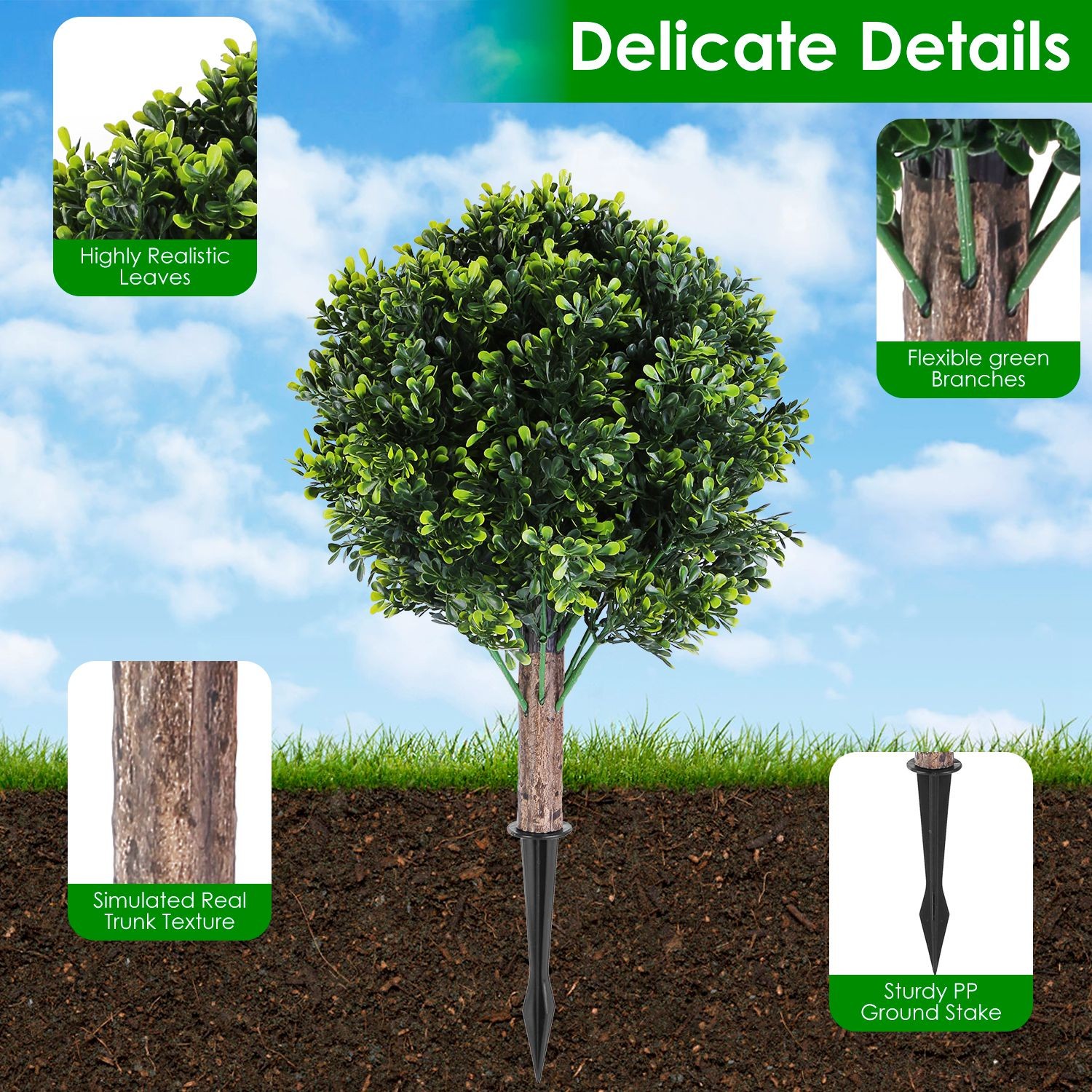 2 Packs Artificial Boxwood Topiary Ball Bush for Outdoor with Spike UV Resistant