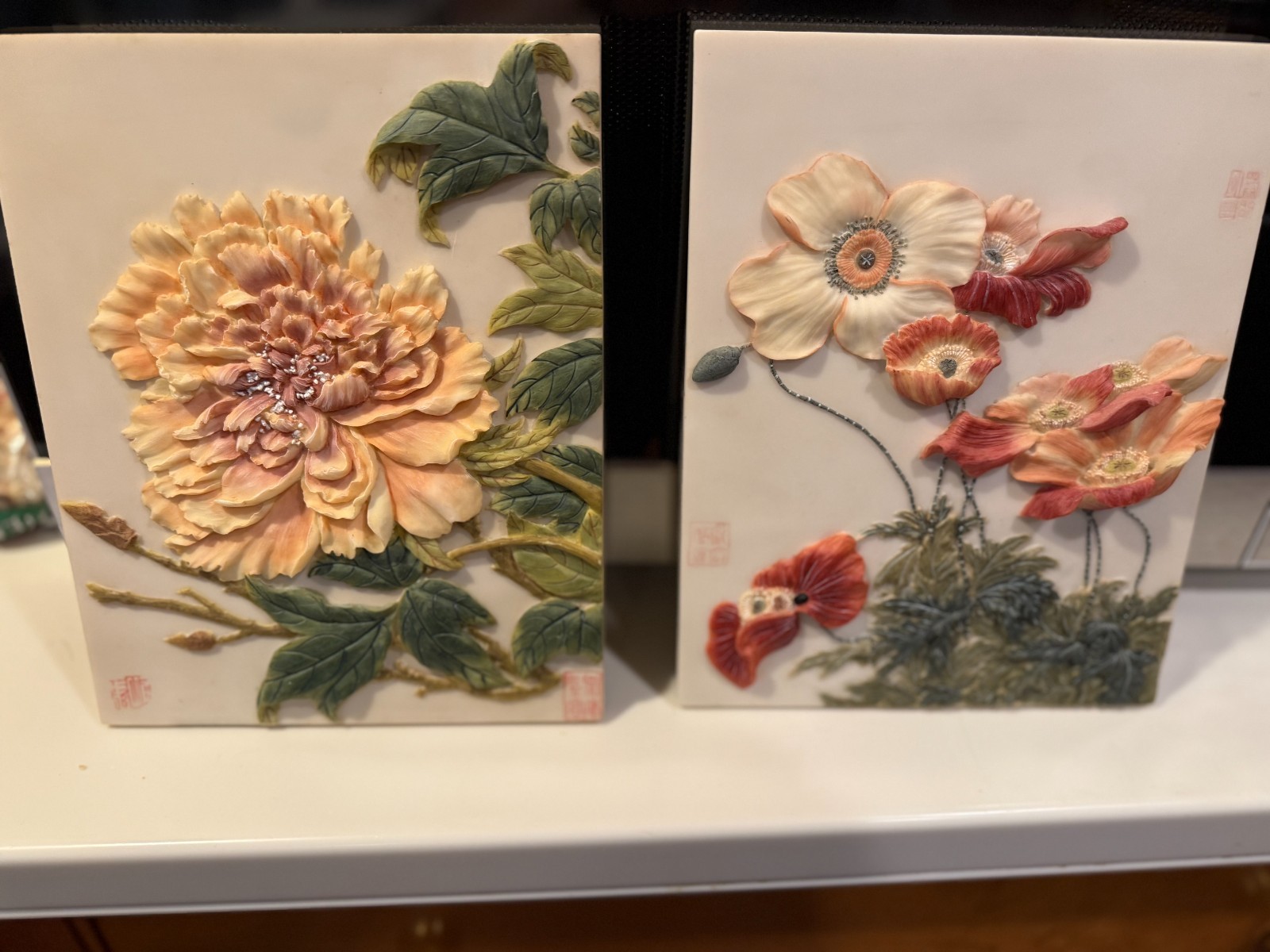 Vintage 2 Chinese PLAQUES Hand Painted PEONY AND ORCHIDS 7.5″ X 9.5″ SIGNED
