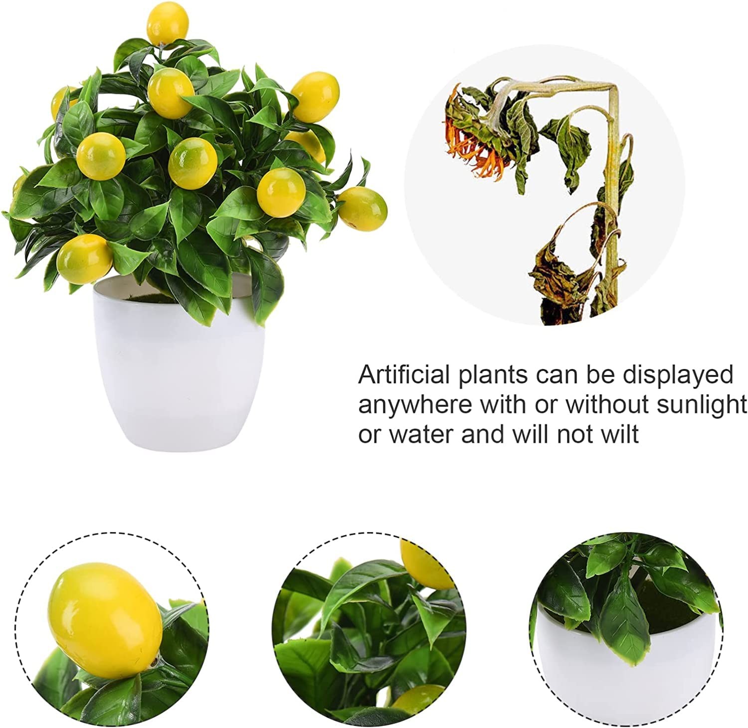 2 PCS 9.45 Inch Artificial Lemon Tree Bonsai Faux Greenery Mini Decor