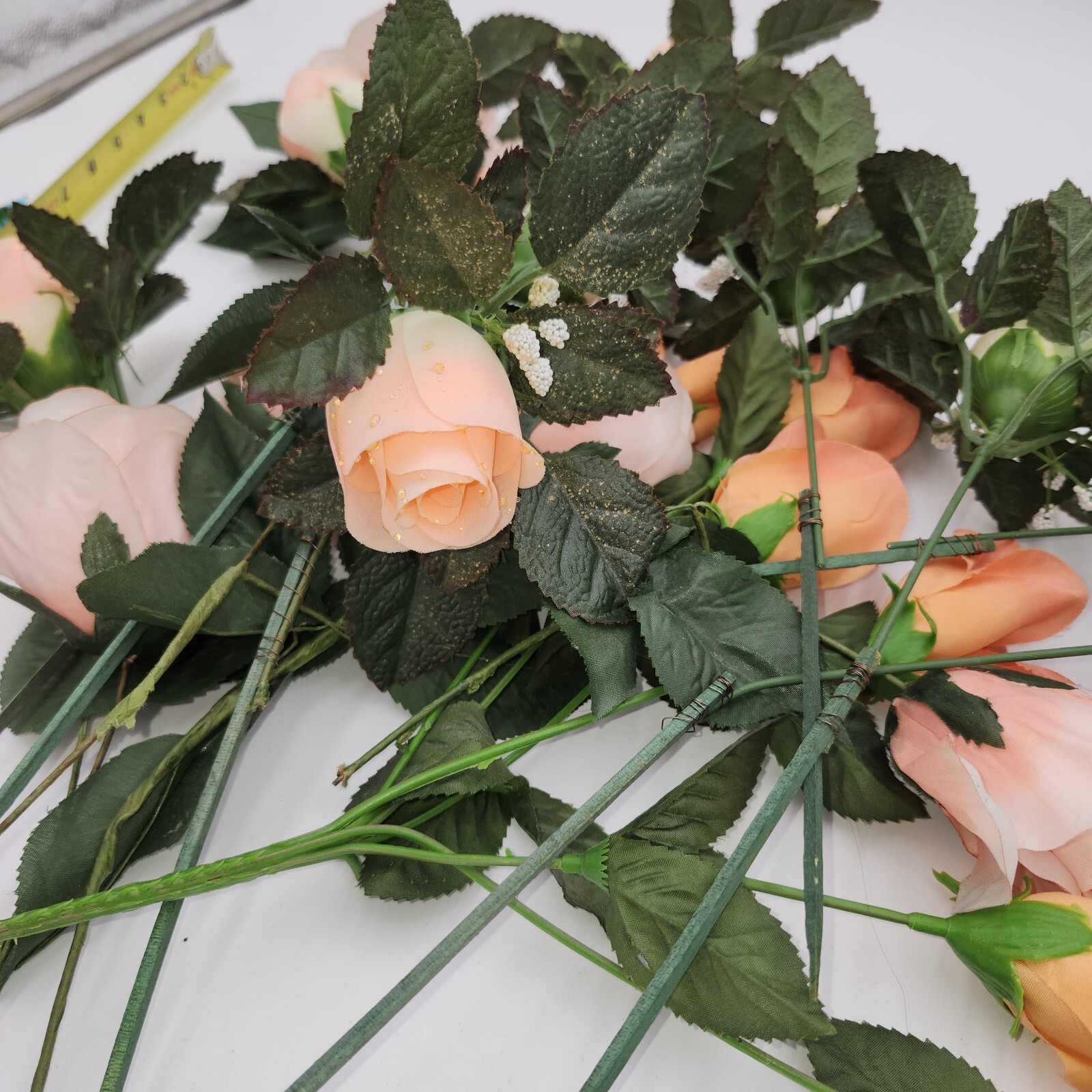 vintage faux fake artificial flowers peach roses w/raindrops 16″