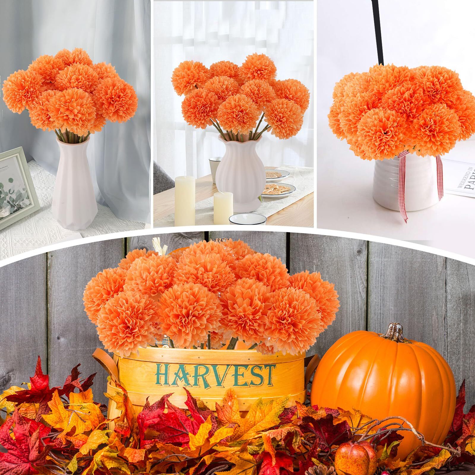 12 Pcs Artificial Chrysanthemums Flowers Ball Flowers Orange Faux Mums