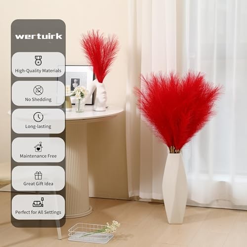 9 Stems Pampas Grass – 38 Inch Tall Fluffy Faux Pampas Grass Decor, Long Red