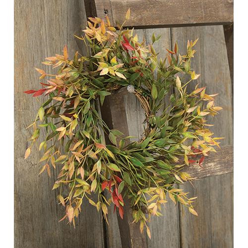 Primitive Country VELVET ASH CANDLE RING WREATH Rustic Leaves Fall Red Green 12″