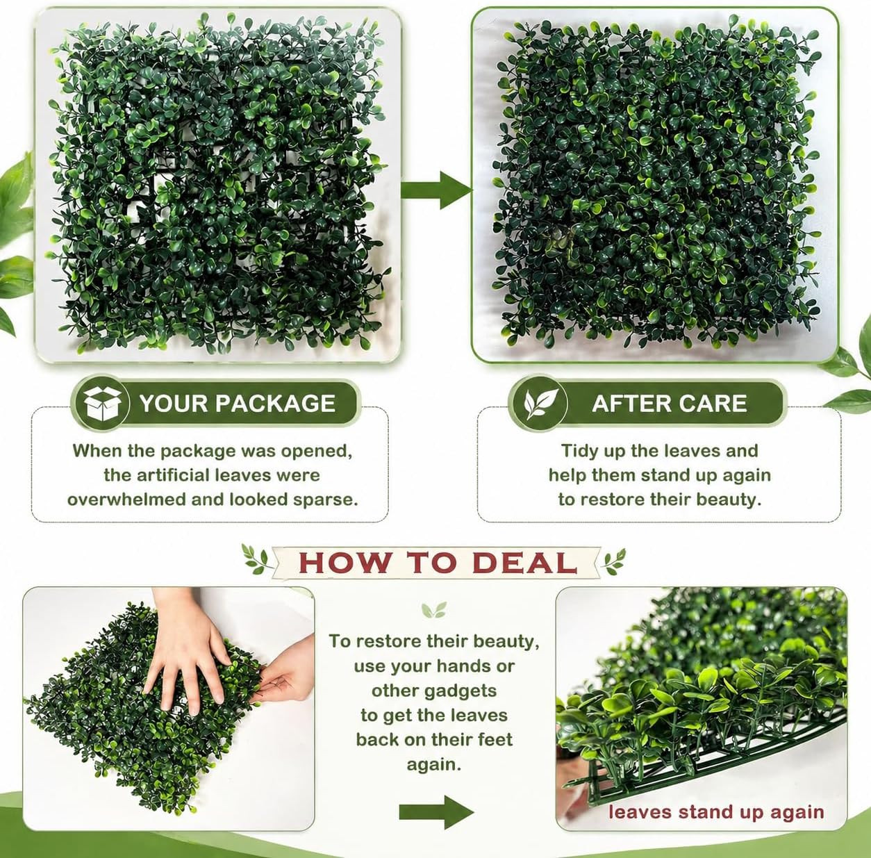 Artificial Grass Wall Panel,10″X 10″(12Pcs) Boxwood Faux Green Wall Panels for I