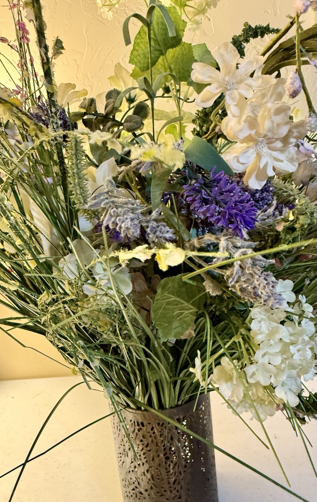 Faux Floral Arrangement White Hydrangea Lavender Metal Cylinder Vase Decor