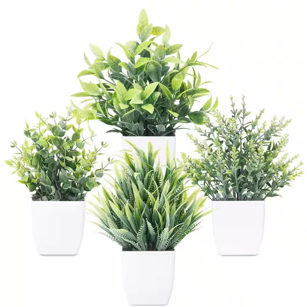 Small Artificial Greenery Plants in White Pot Garden Statue, 4-Pack