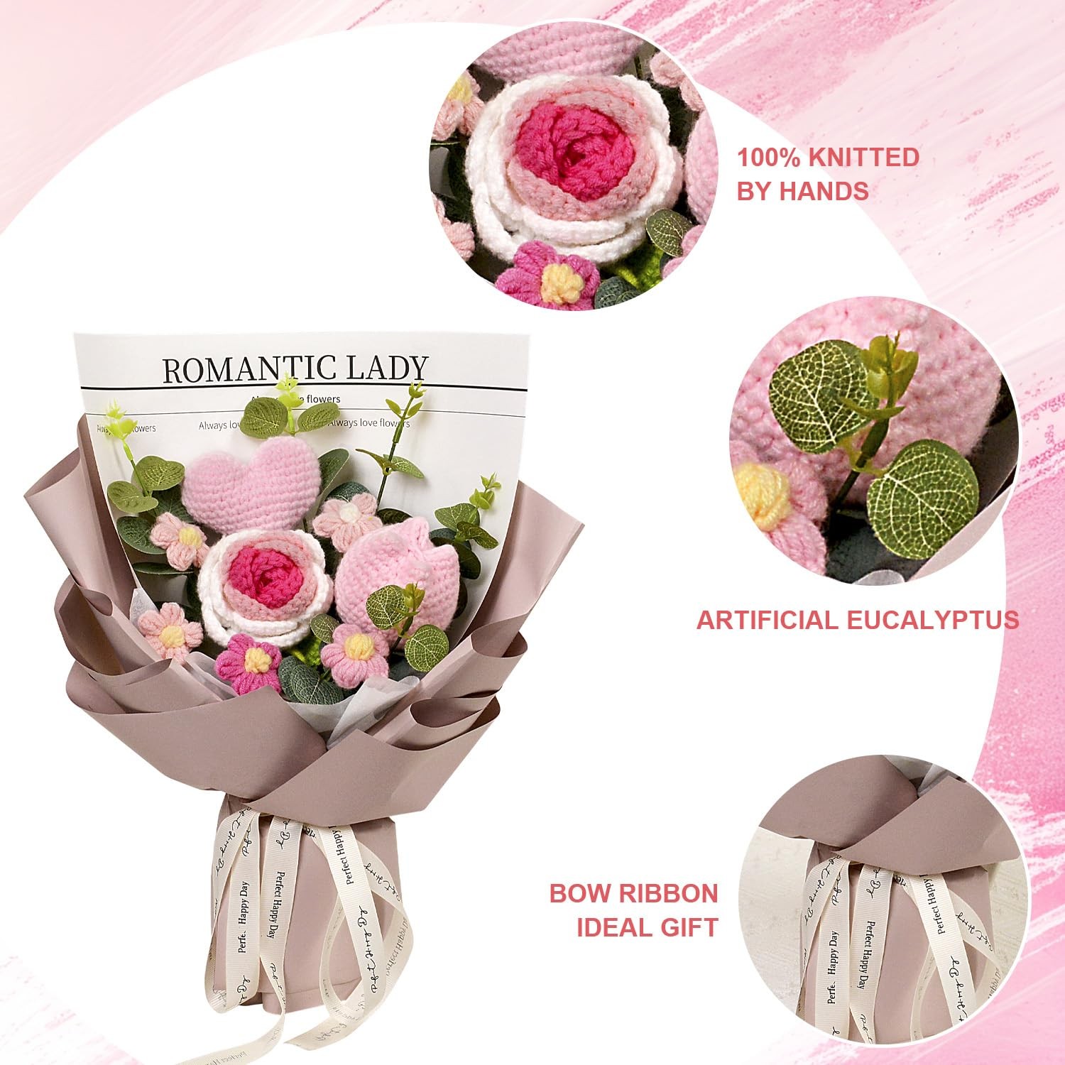 Pink Crochet Flower Bouquet Rose Tulip Love Heart Anniversary Birthday Gift