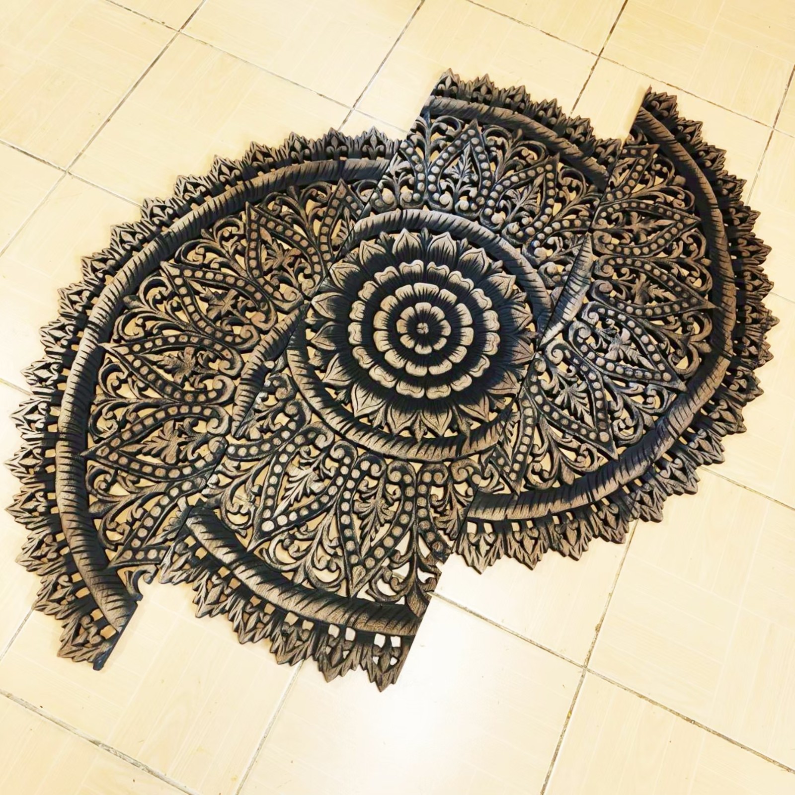 36″ Large Round Black Mandala Wood Carving Wall Art 3-Piece Set Office Decor