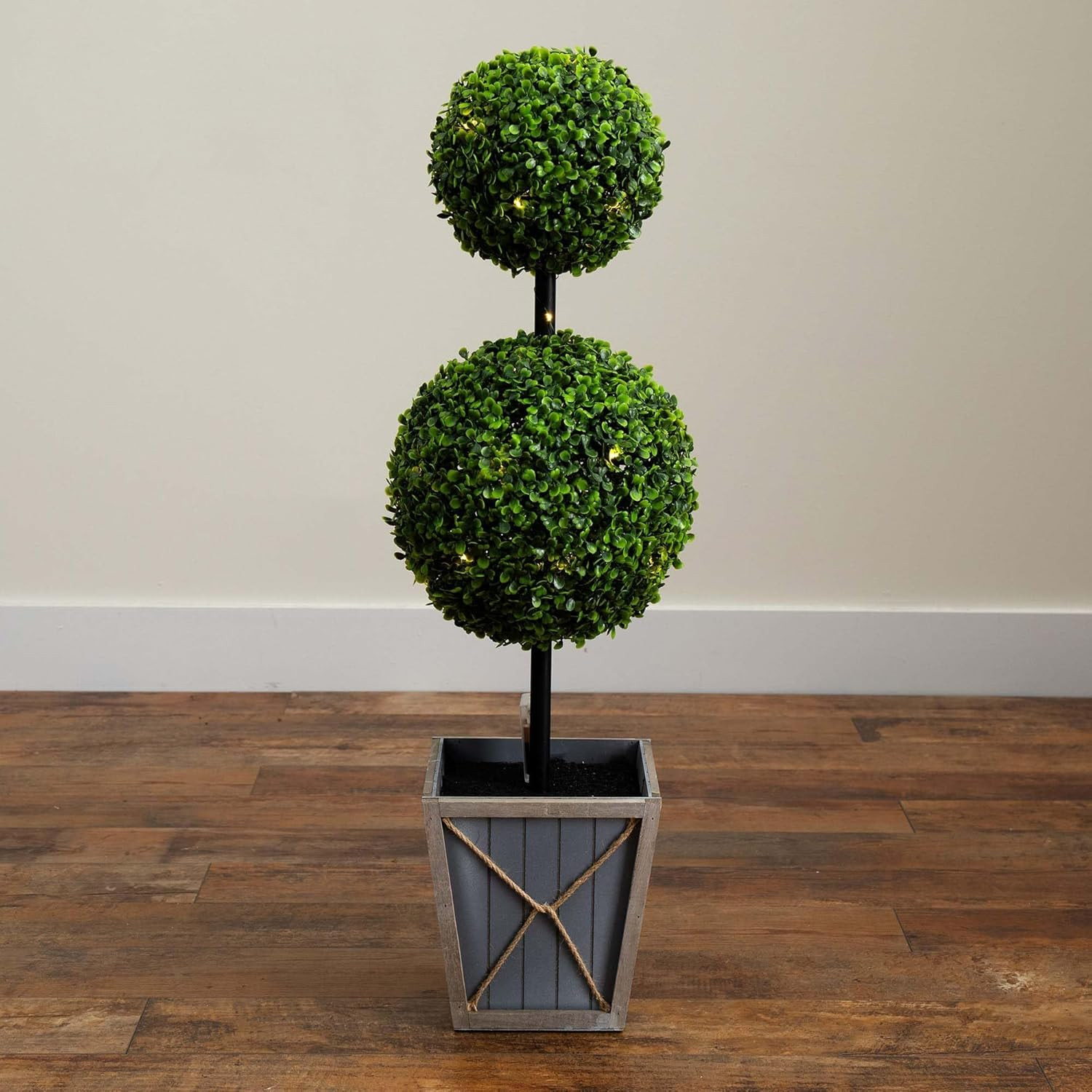 3Ft UV Resistant Double Ball Boxwood Topiary with LED Lights in Planter