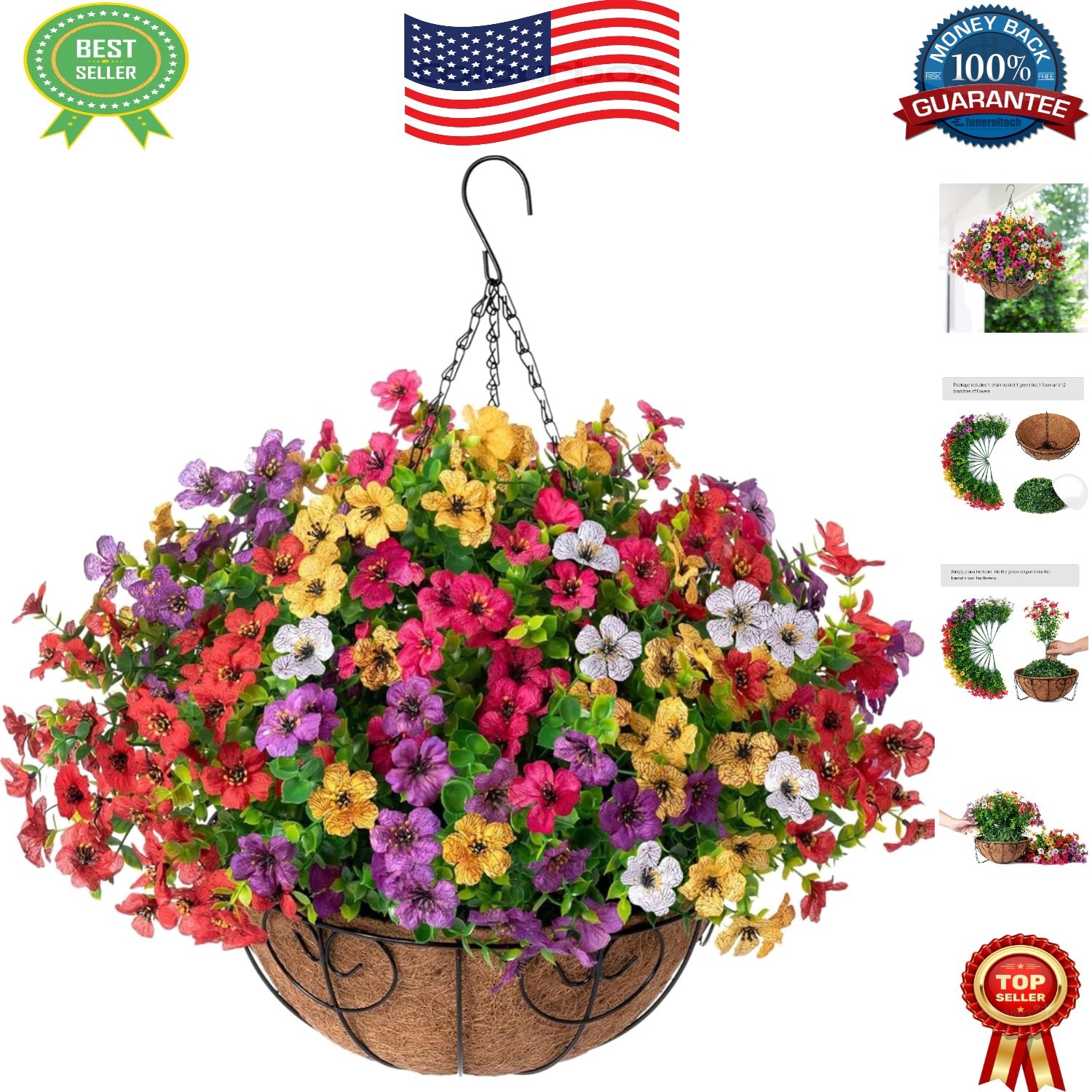 Colorful Faux Hanging Flower Basket with Eucalyptus – Low Maintenance Beauty