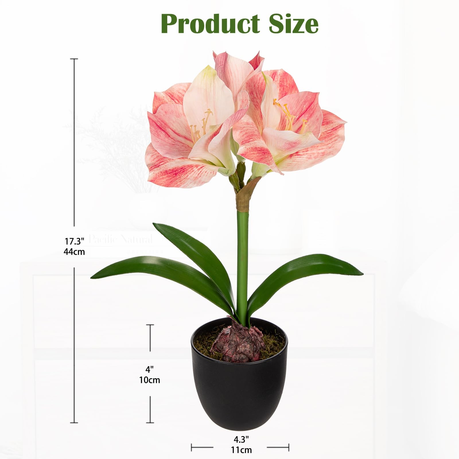 Pink Fake Amaryllis Flowers 17.3 Inch Silk Plant Black Pot Artificial Decor