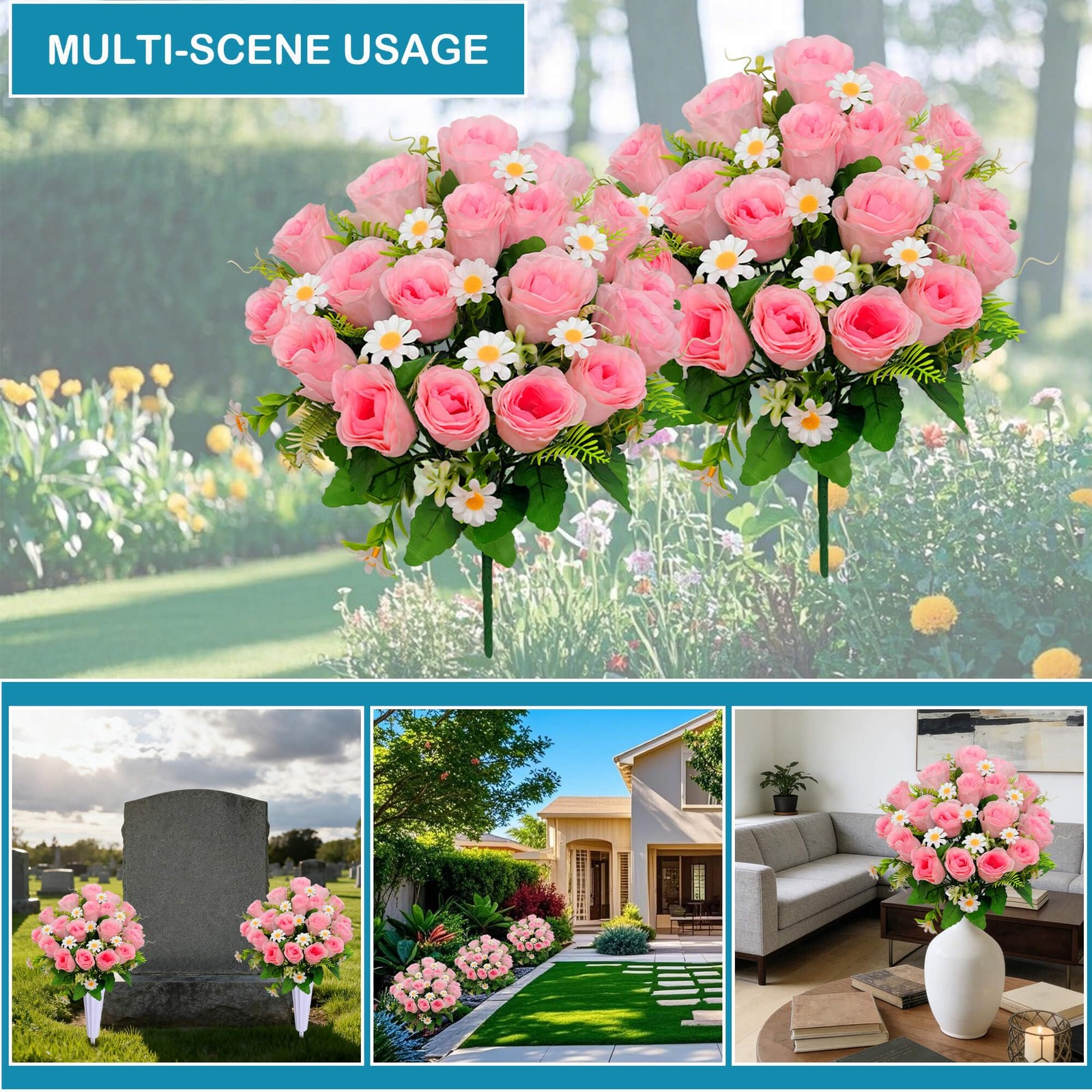Artificial Cemetery Flowers, Memorial Grave Decorations Roses – 2 Bouquets & …