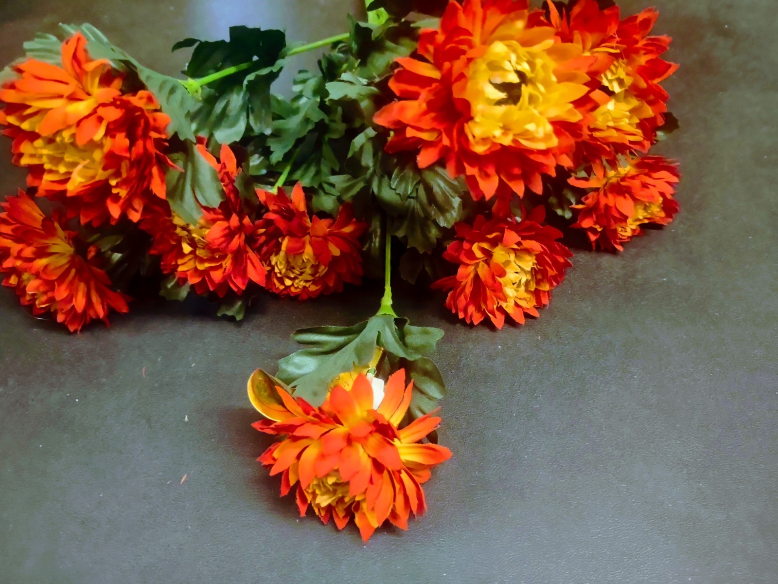15″ Vintage Silk Strawflower Flower Bush with 10 Stems, Flame Yellow & Orange