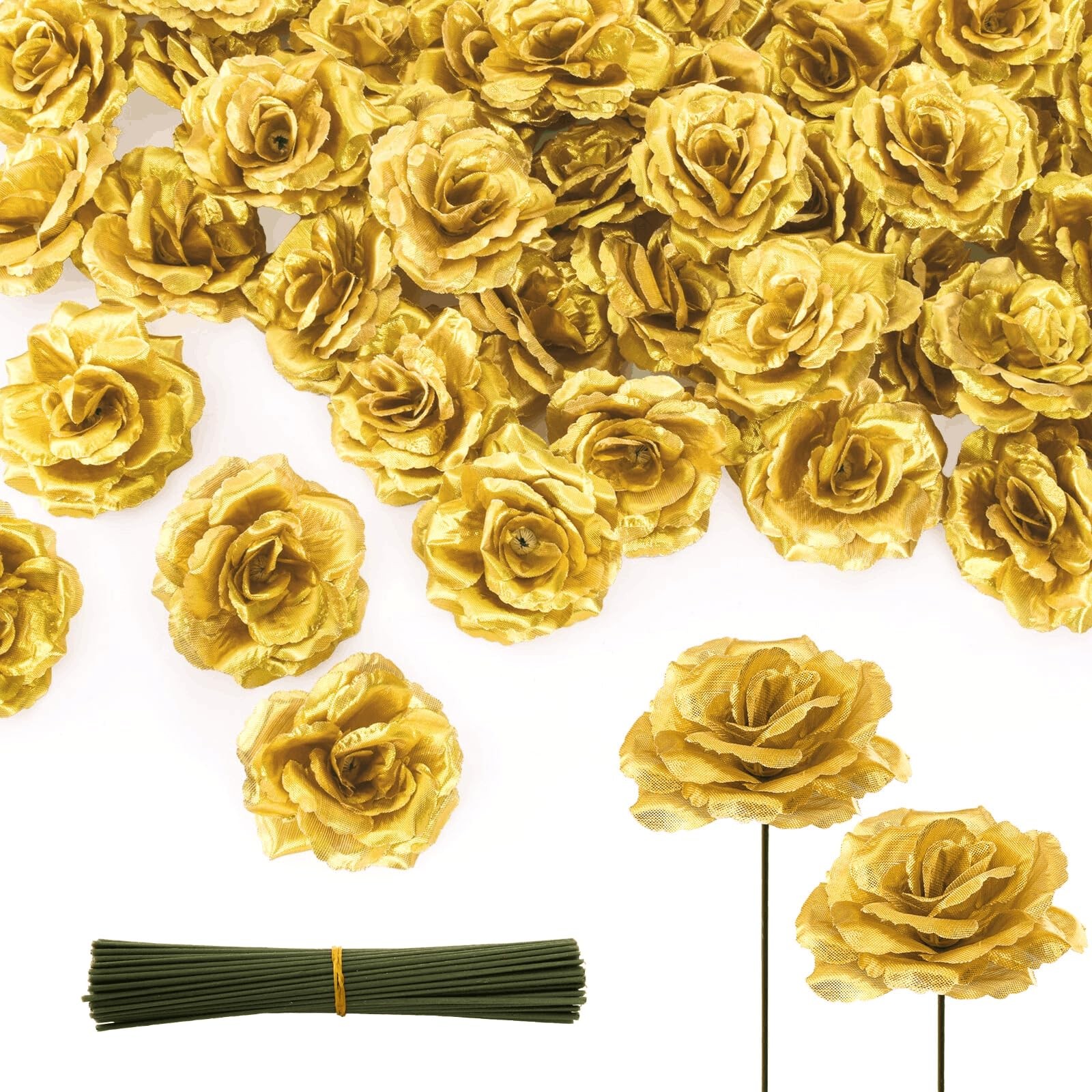 100 Pcs 3.5 Inch Gold Artificial Rose Heads with Stems, Silk Rose Faux Flower…