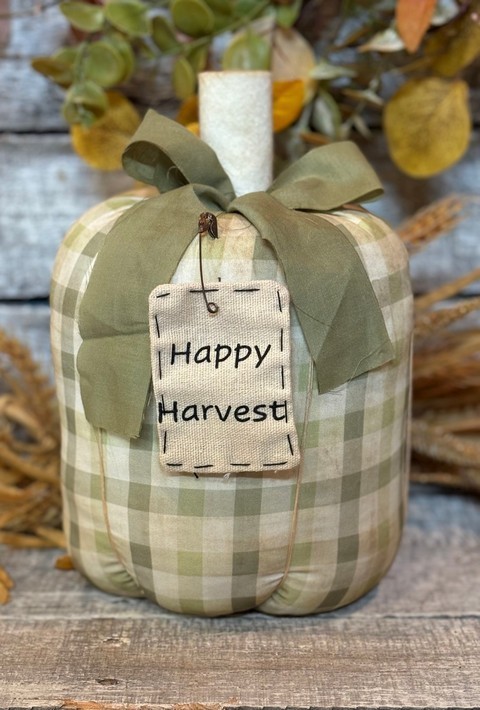 New Primitive Farmhouse SAGE GREEN GINGHAM CHECK PUMPKIN Stuffed 10″