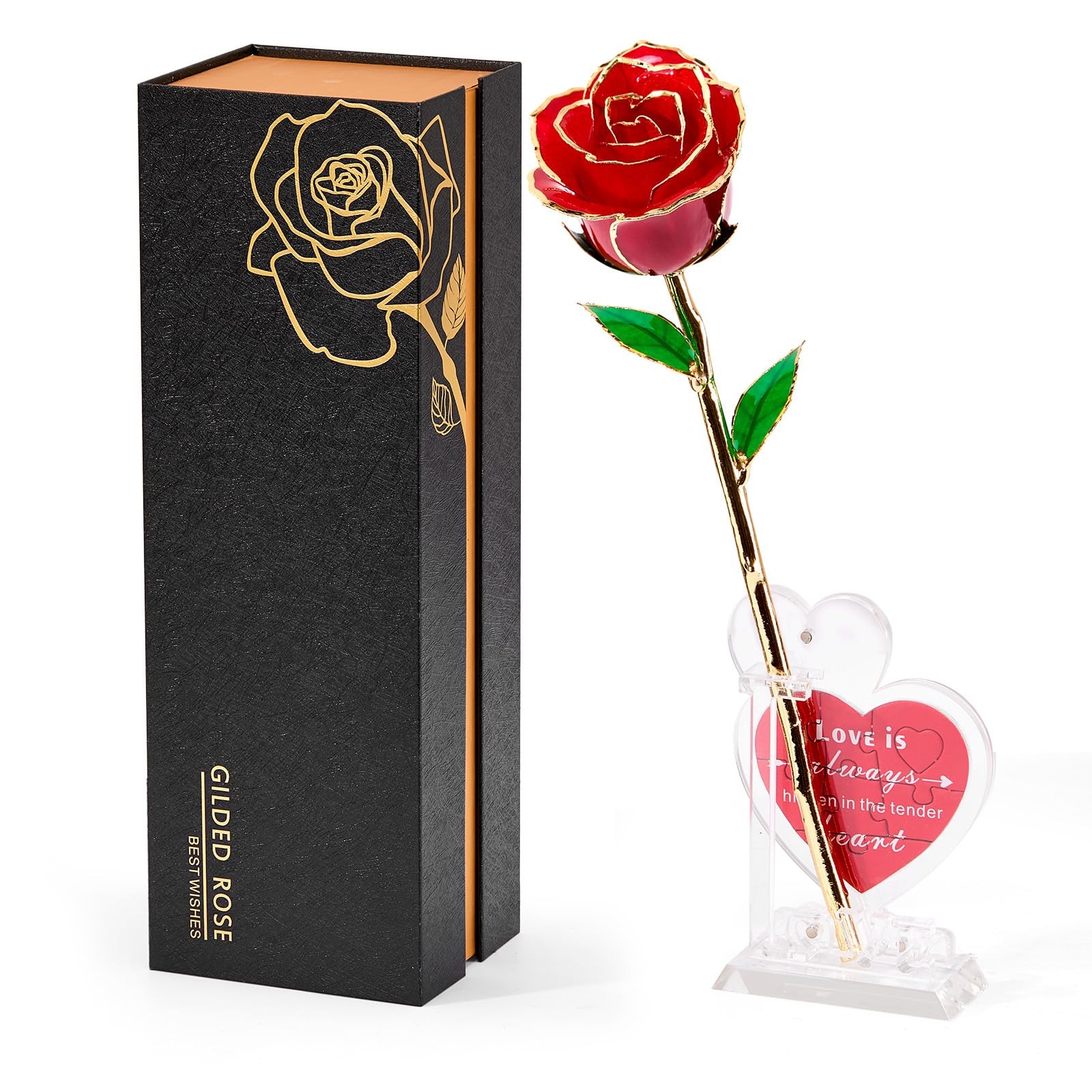 Real 24K Gold Dipped Realistic Rose – Timeless Lifelike Bloom with Heart Puzz…