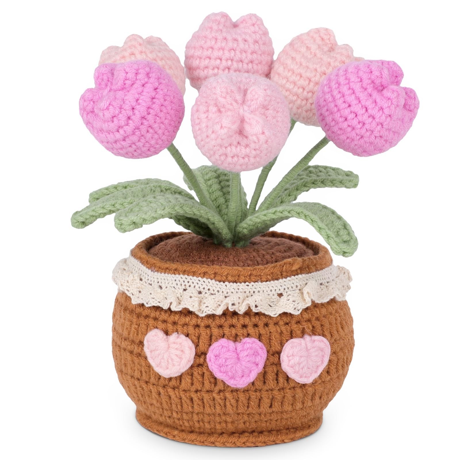 Handmade Potted Crochet Tulip Bouquet Blush Pink Crocheted Tulips Hand Woven Flo