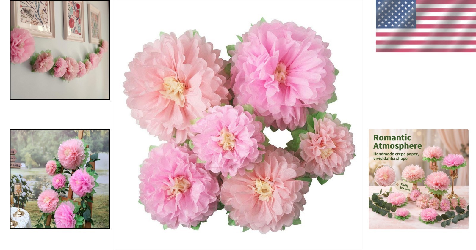 Pink Flowers Decoration 6pcs Assorted Tissue Paper Peony Bridal Shower Party