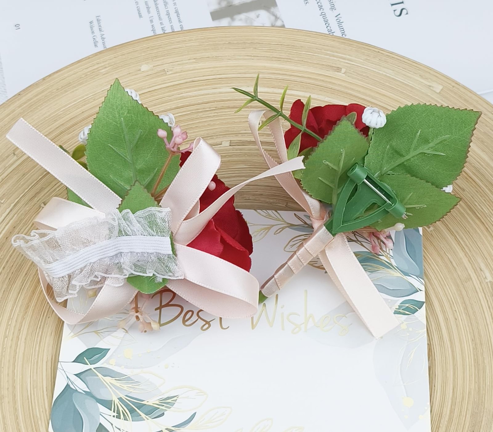 Red Wrist Corsage And Boutonniere Set Artificial Rose Groom Groomsmen Event