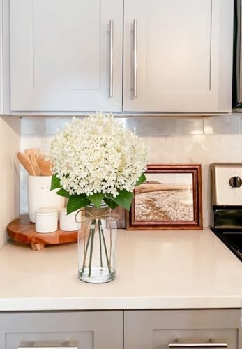 Artificial Hydrangea Flowers in Glass Vase with Faux Water, 13.8″ Fake White