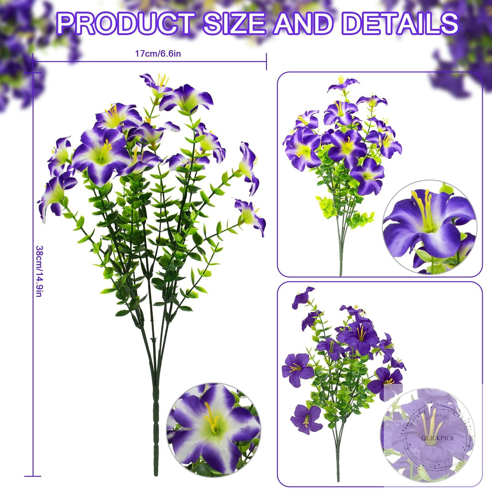 16 Pcs Faux Petunias Artificial Flowers for Outdoors, UV Resistant Fake Purple
