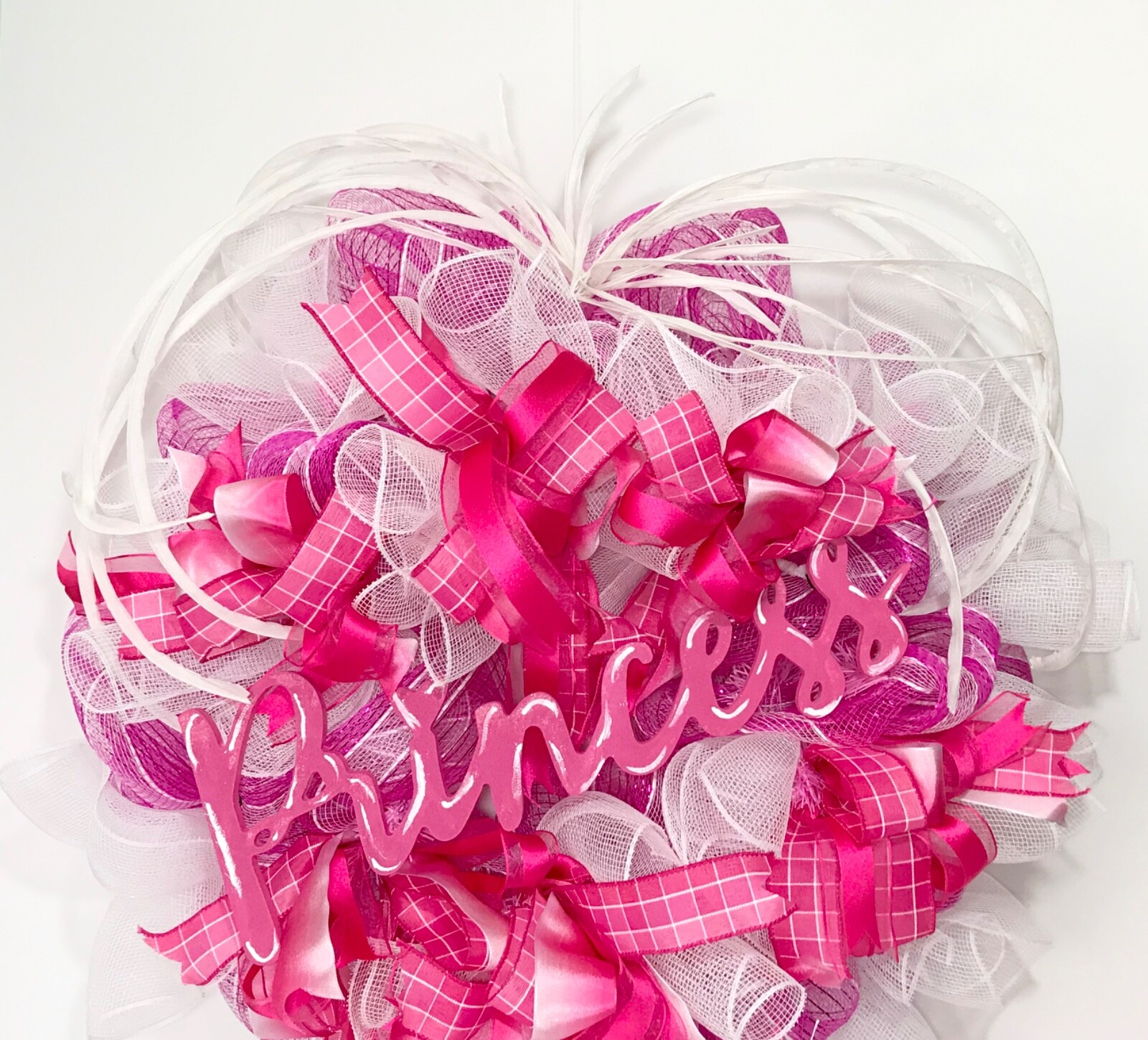 LARGE BRIGHT PINK WHITE DECO MESH PRINCESS WOOD SIGN DOOR WREATH GIRL ROOM NEW