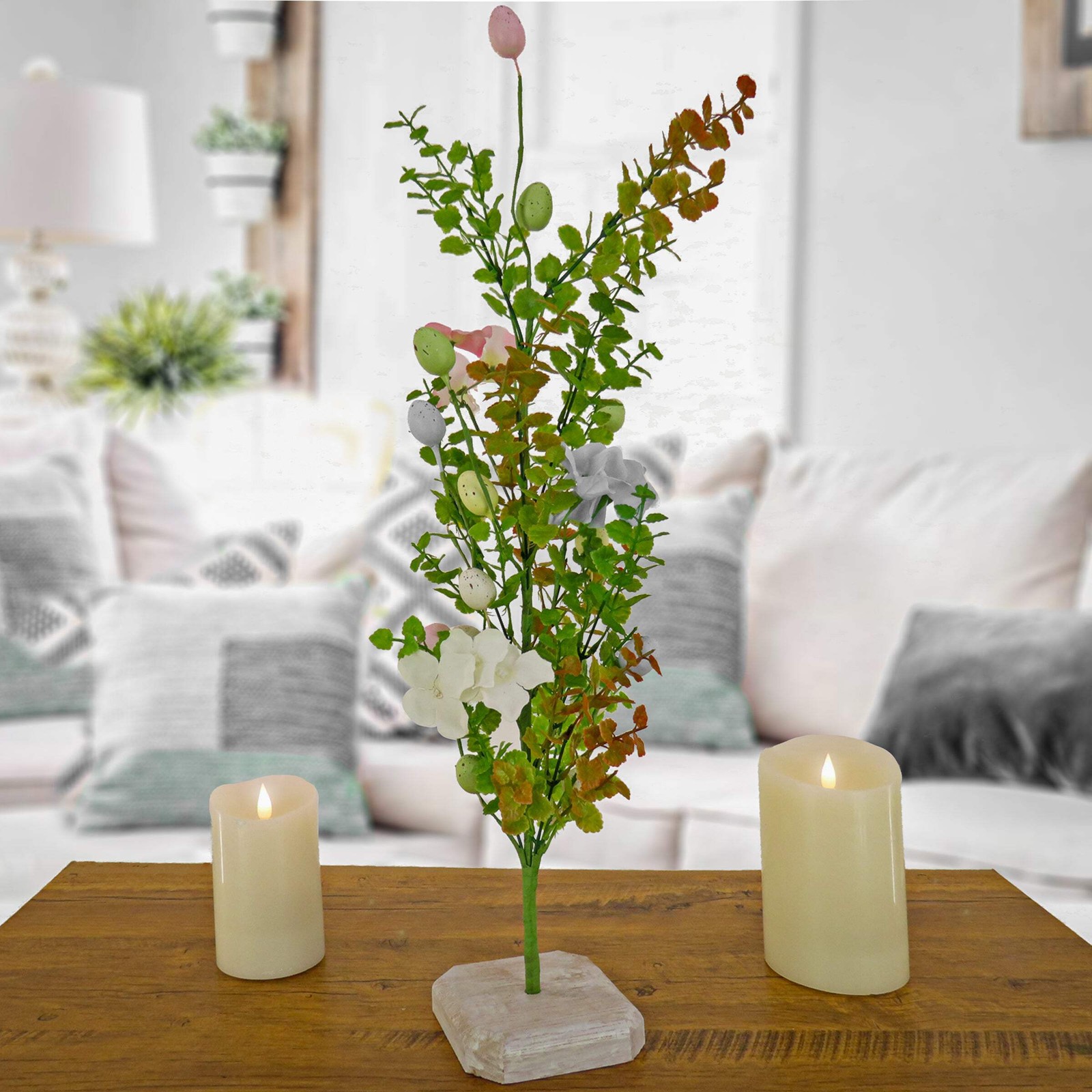24 in. Easter Decorative Tree Decorated with Pastel Eggs and Flower Blooms, and