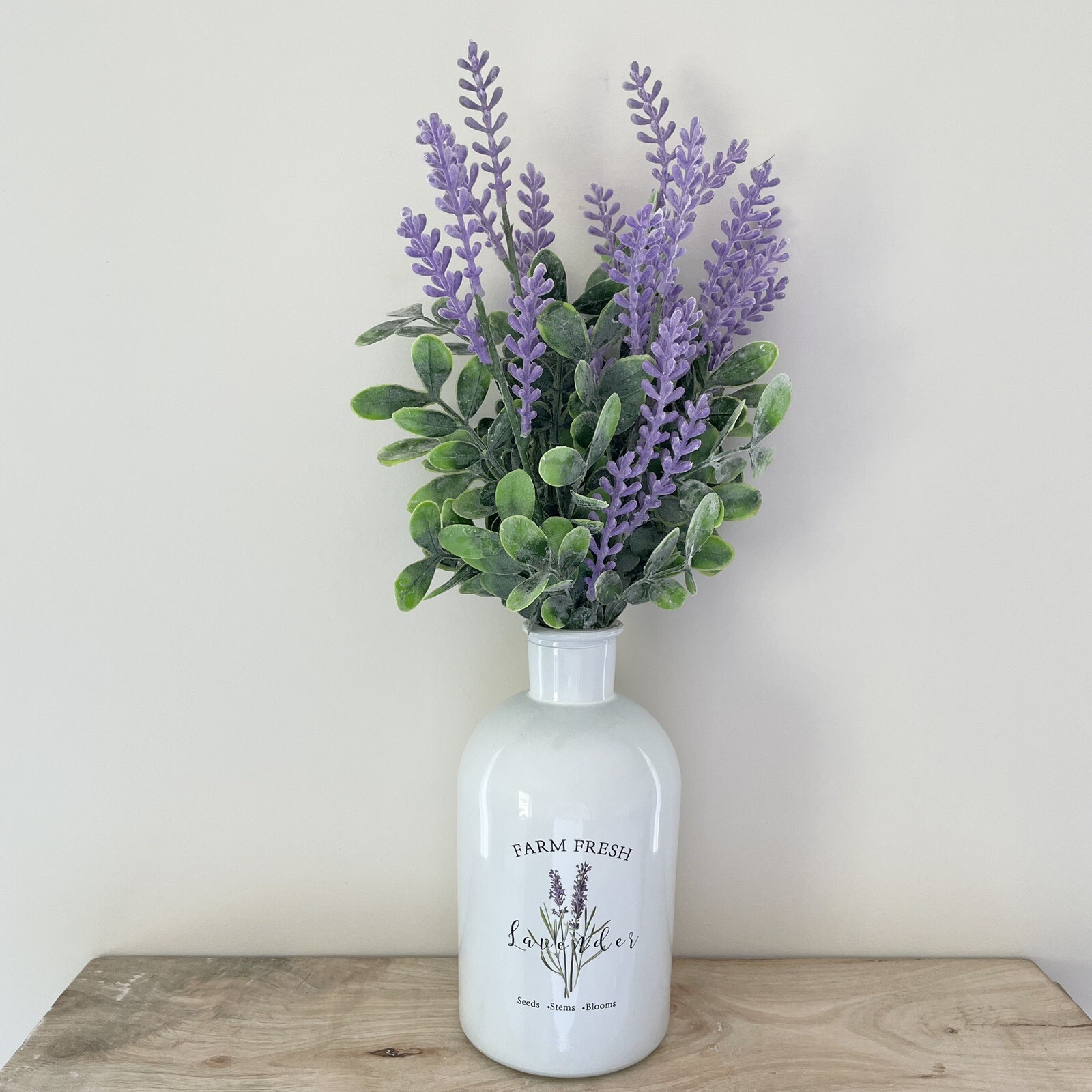 Handmade Artificial Purple Lavender Arrangement In Milk Glass Vase