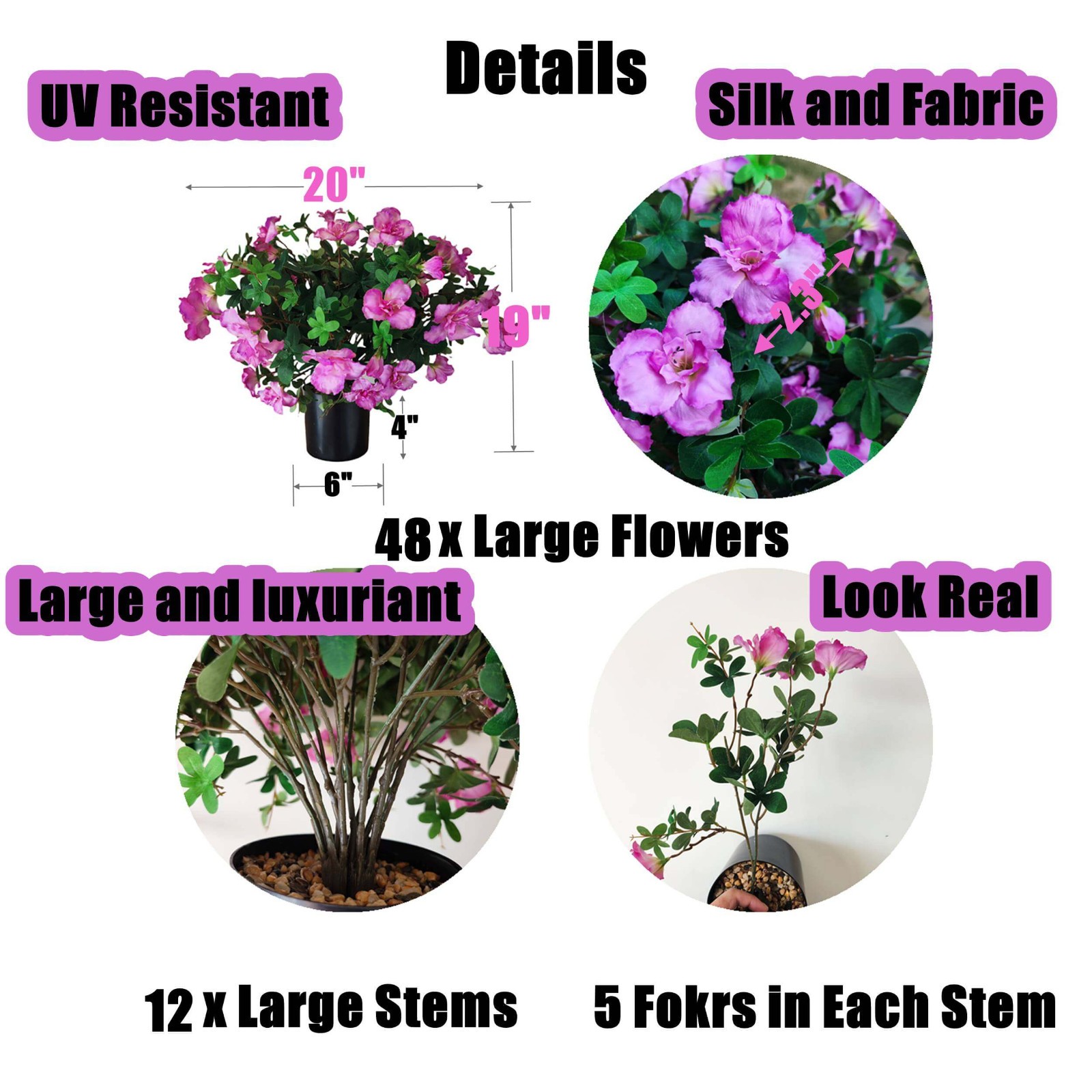 48 Large Blooms Artificial Potted Azalea Flowers ,UV Resistant , Realistic Decor