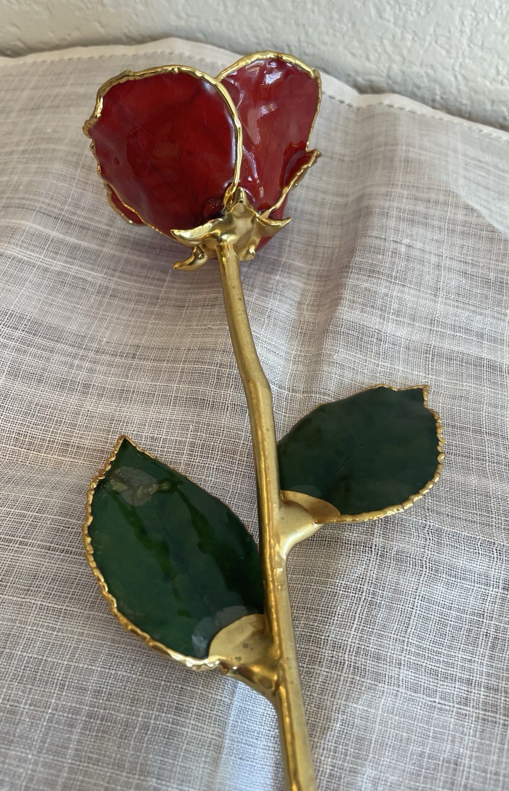 Burgundy Rose Preserved in Lacquer with 24k Gold Plating on Petals and Stem