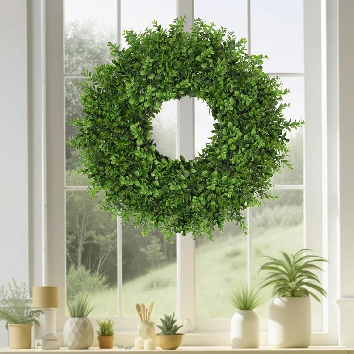26 Inch Artificial Green Boxwoods Wreath for Indoor Outdoor Front Door Home D…
