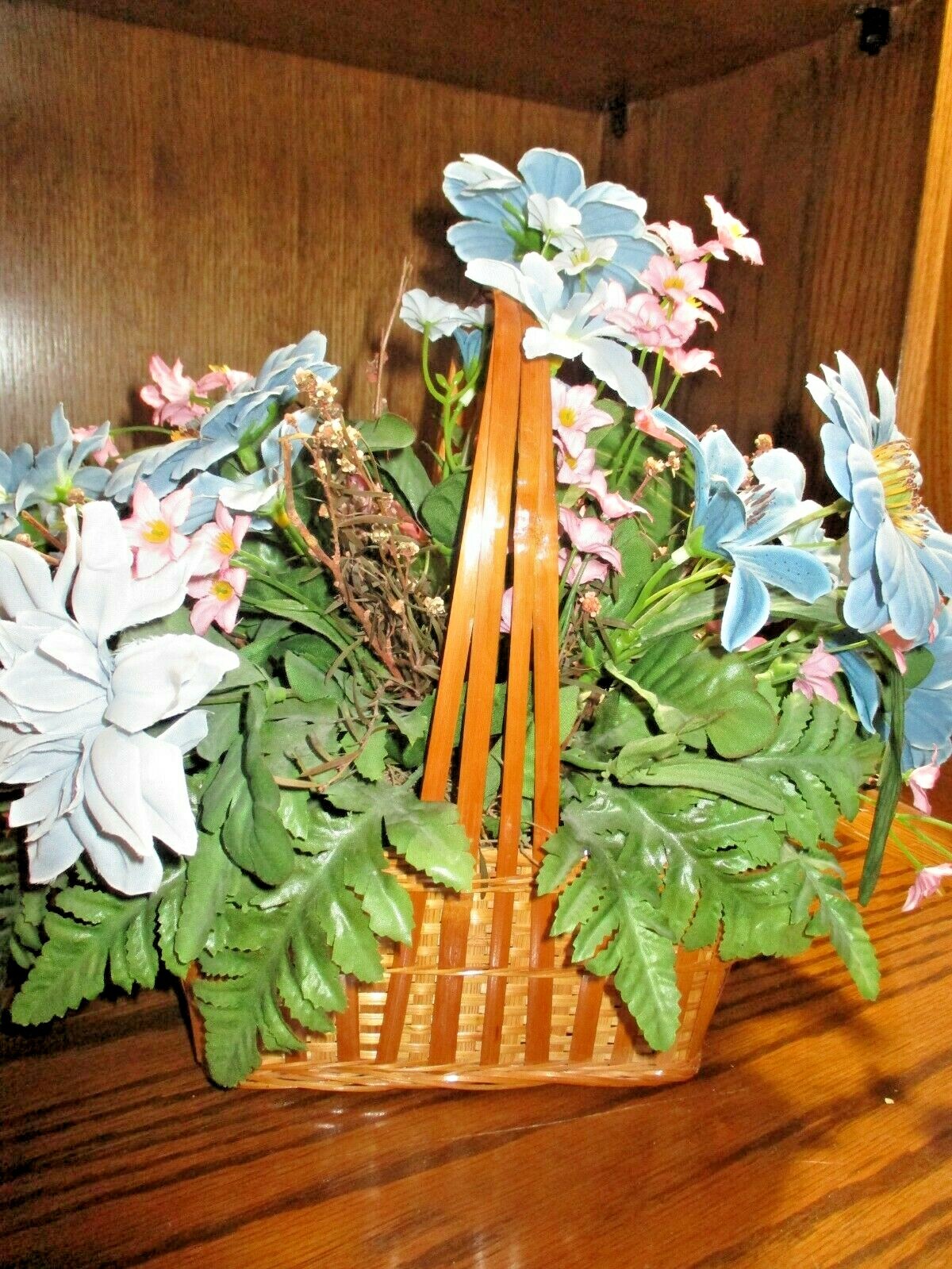 Artificial Silk Flower Arrangement Blue/ Pink Florals In Wood-Wicker Basket 516