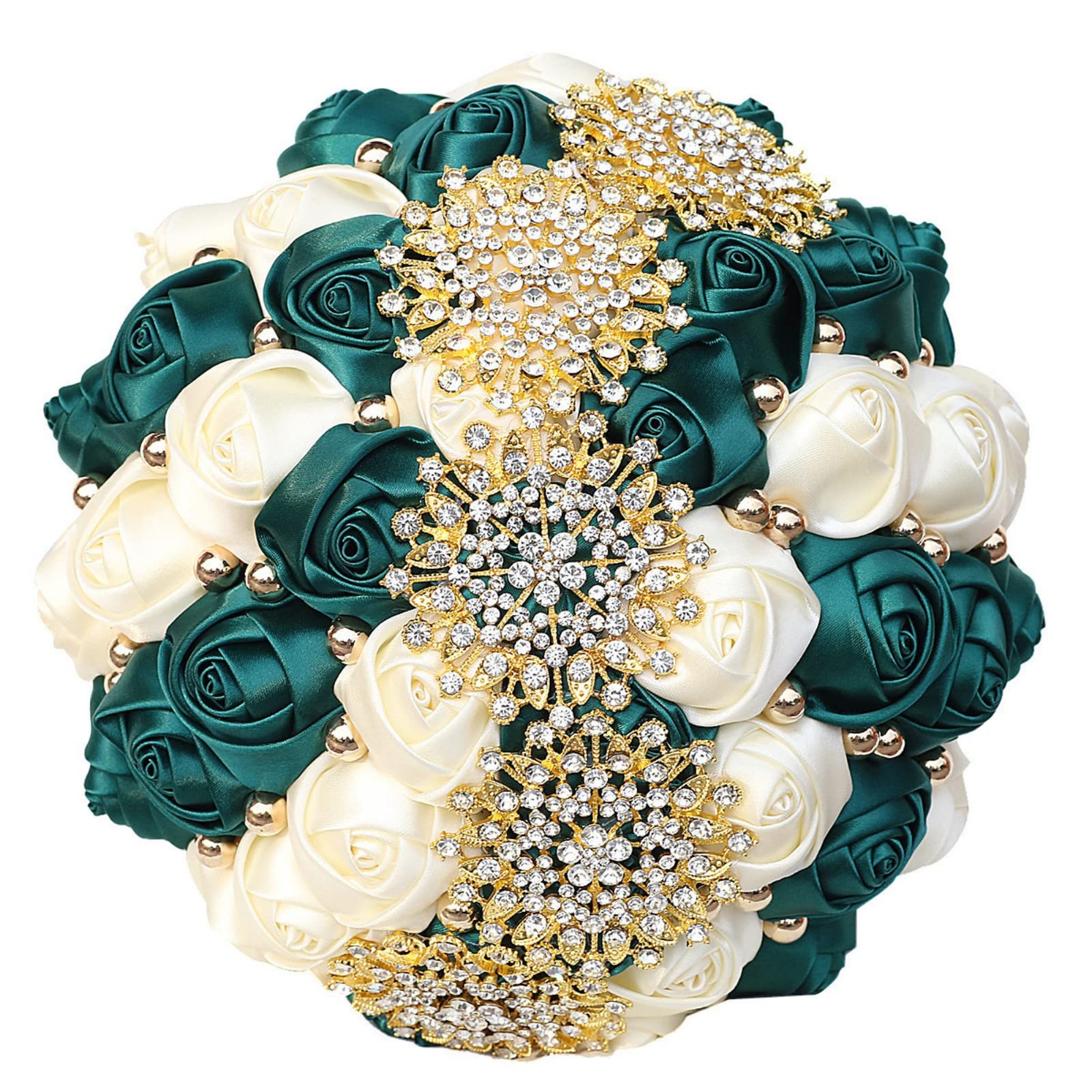 Emerald Green Ivory Bridal Wedding Bouquet Gold Rhinestone Pearl Satin 7.1in