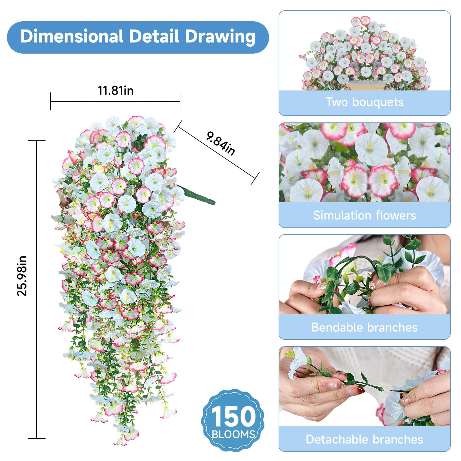 Artificial Hanging Flowers for Outdoors, 2 PCS 300 Blooms UV Resistant Mornin…