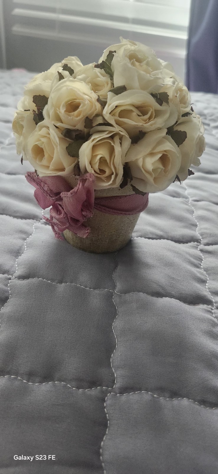 Artificial Cream Rose Arrangement in Pot with Pink Ribbon, Silk Flower Bouquet