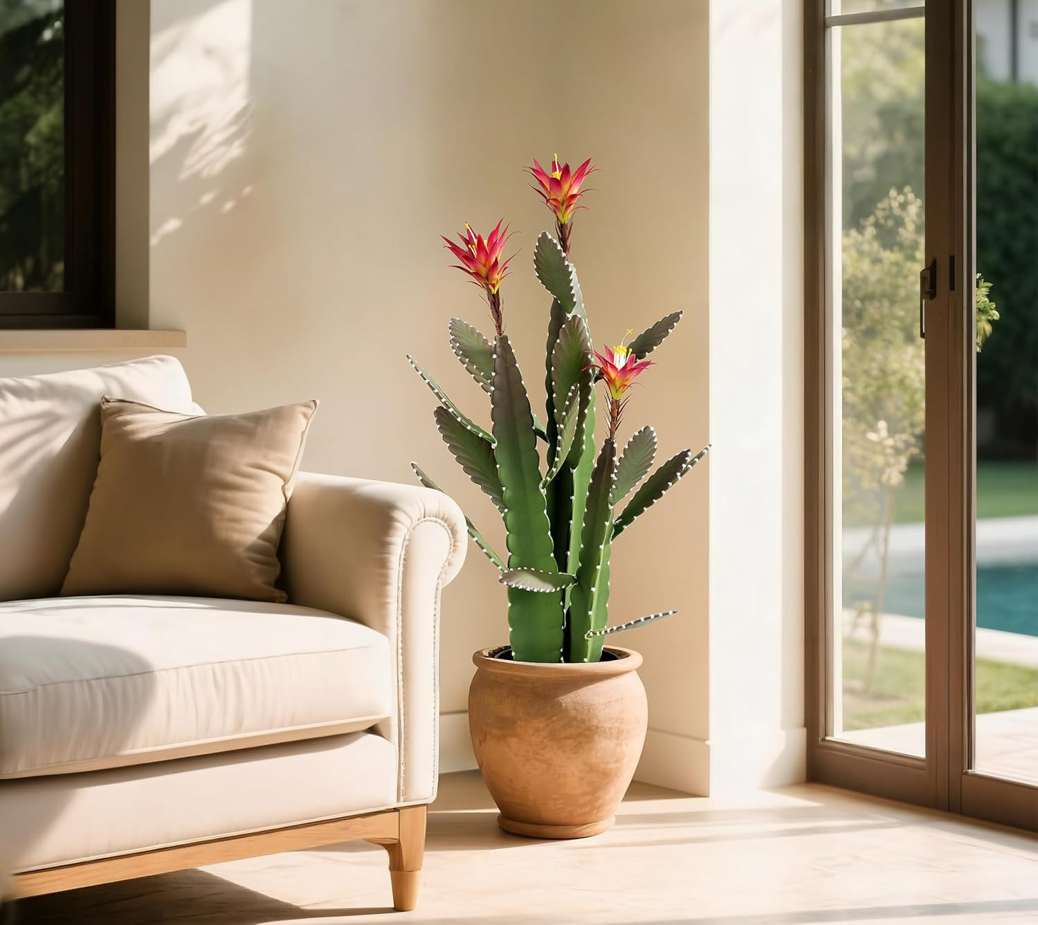 Large 33″ Faux Cactus with Magenta Flowers – Realistic Indoor/Outdoor Decor