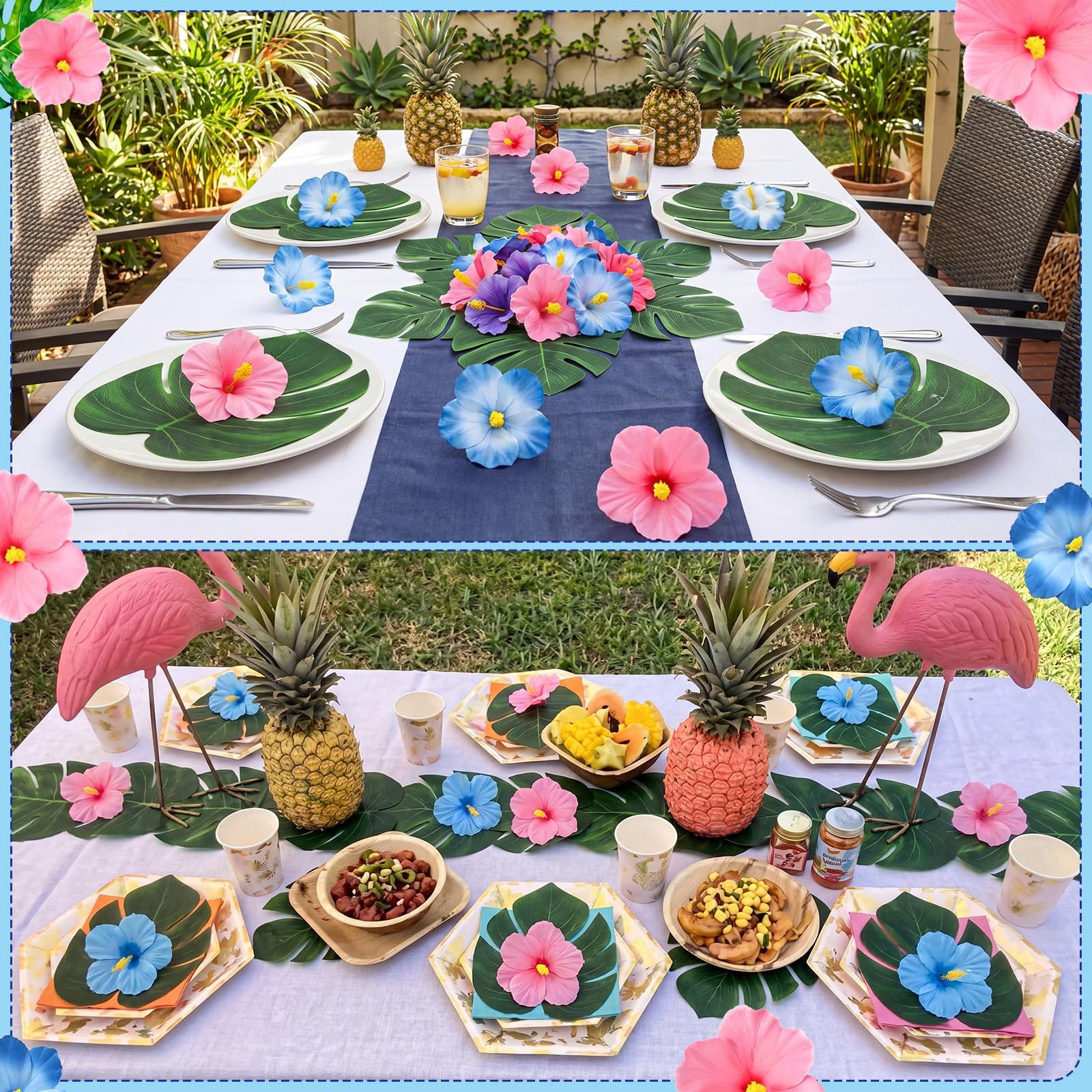 60 PCS Tropical Party Decorations Hibiscus Flower Palm Leaves Luau Table