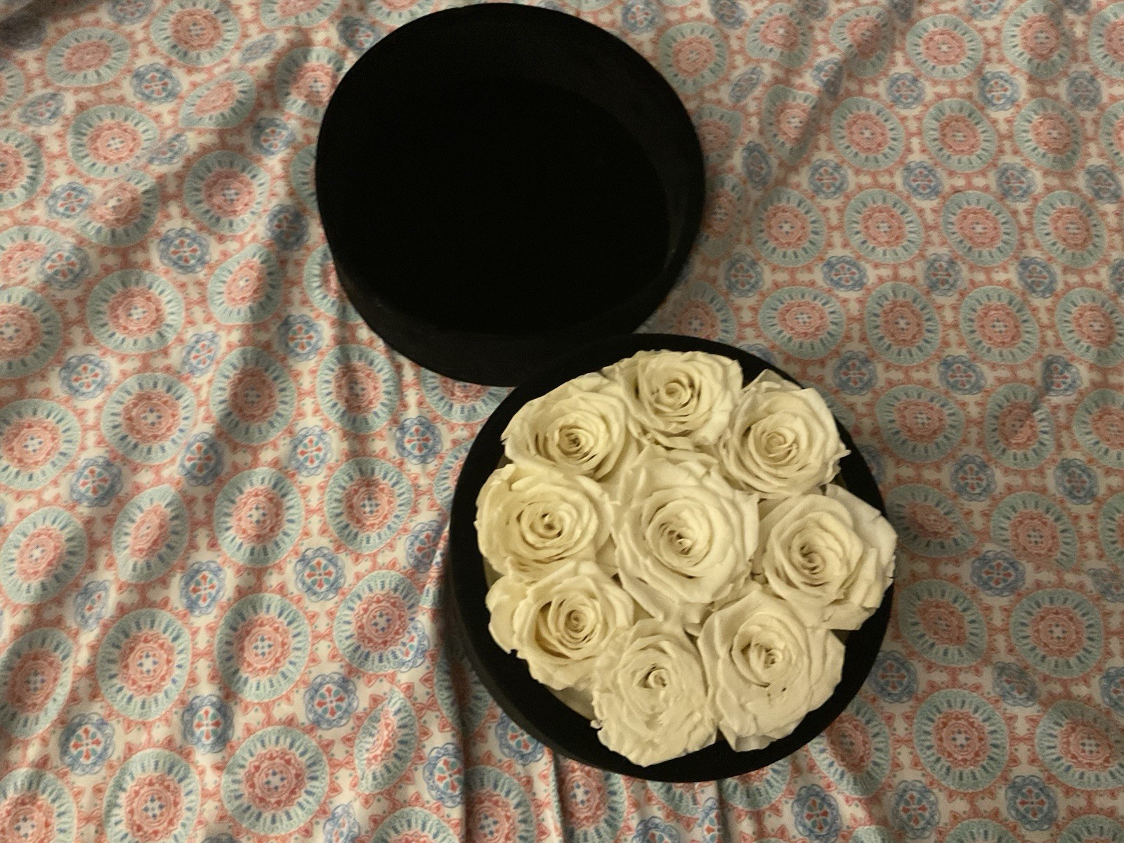 Rose Forever, Nyc 16 Ivory Roses In A Black Round Velvet Box