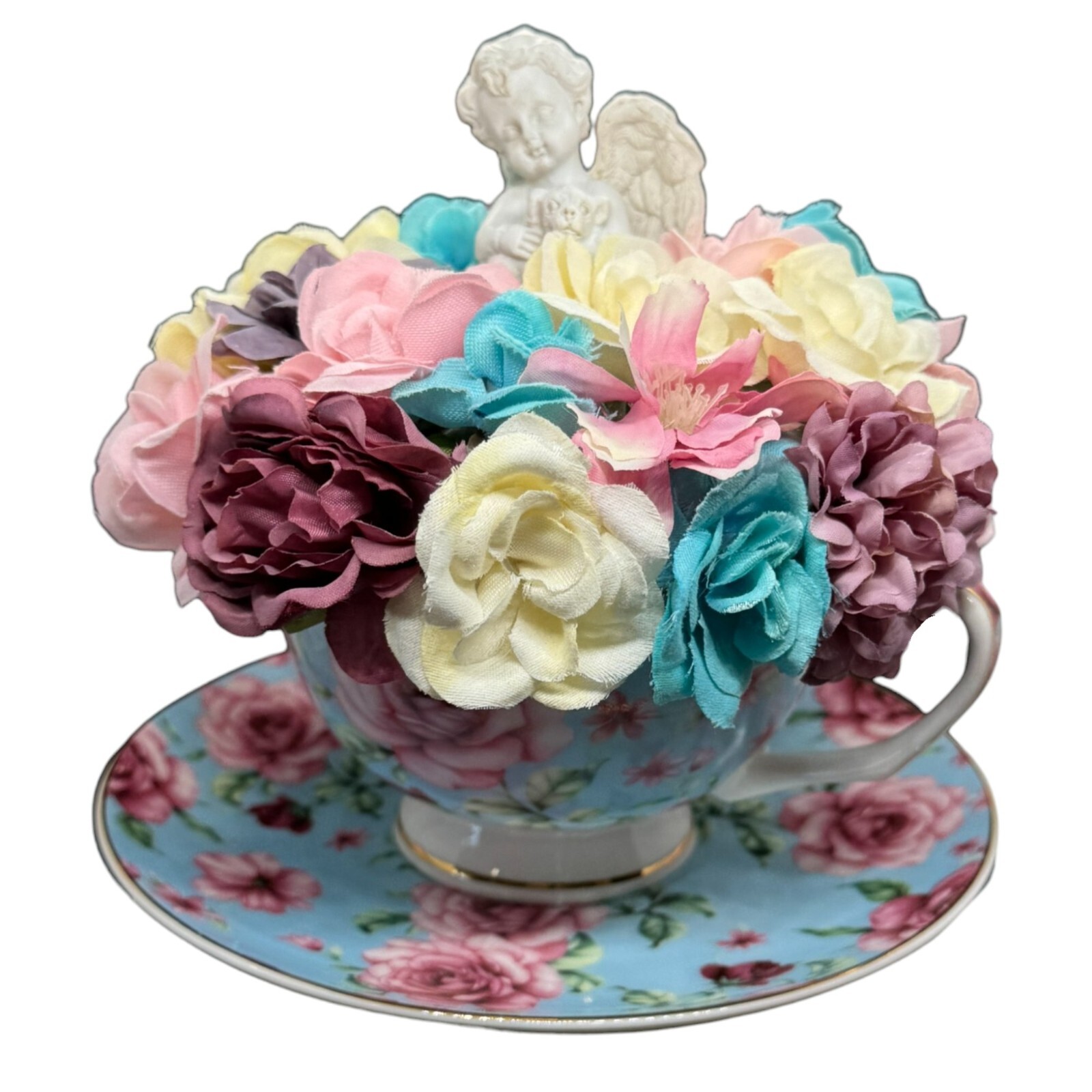 Tea Cup Fairy Flower arrangement With Cherub , Pink & Blue Ideal Gift For Her