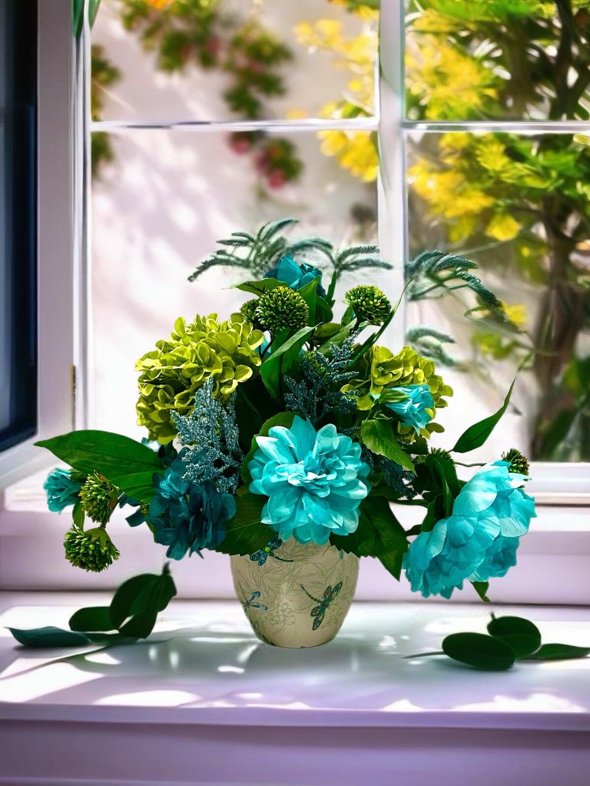 Teal Turquoise Blue & Lime Peony Floral Arrangement Dragon Fly Ceramic Vase