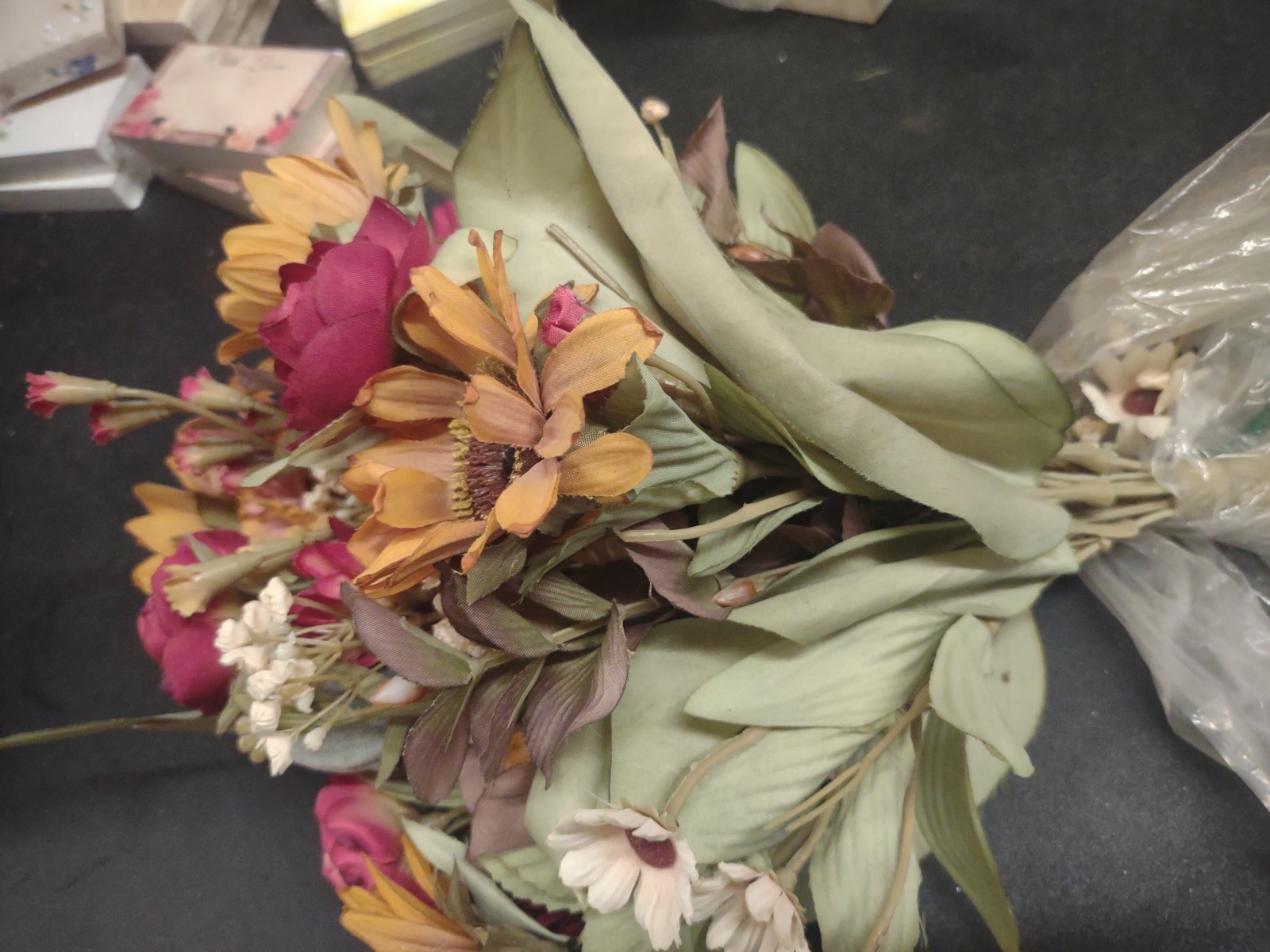 14″ Vintage Silk Bush, 16 Stems, Cranberry Ranunculus & Mustard Sunflowers