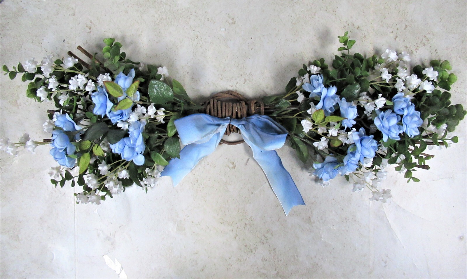NEW blue roses white flowers swag hanging wall decoration 24″ X 9″