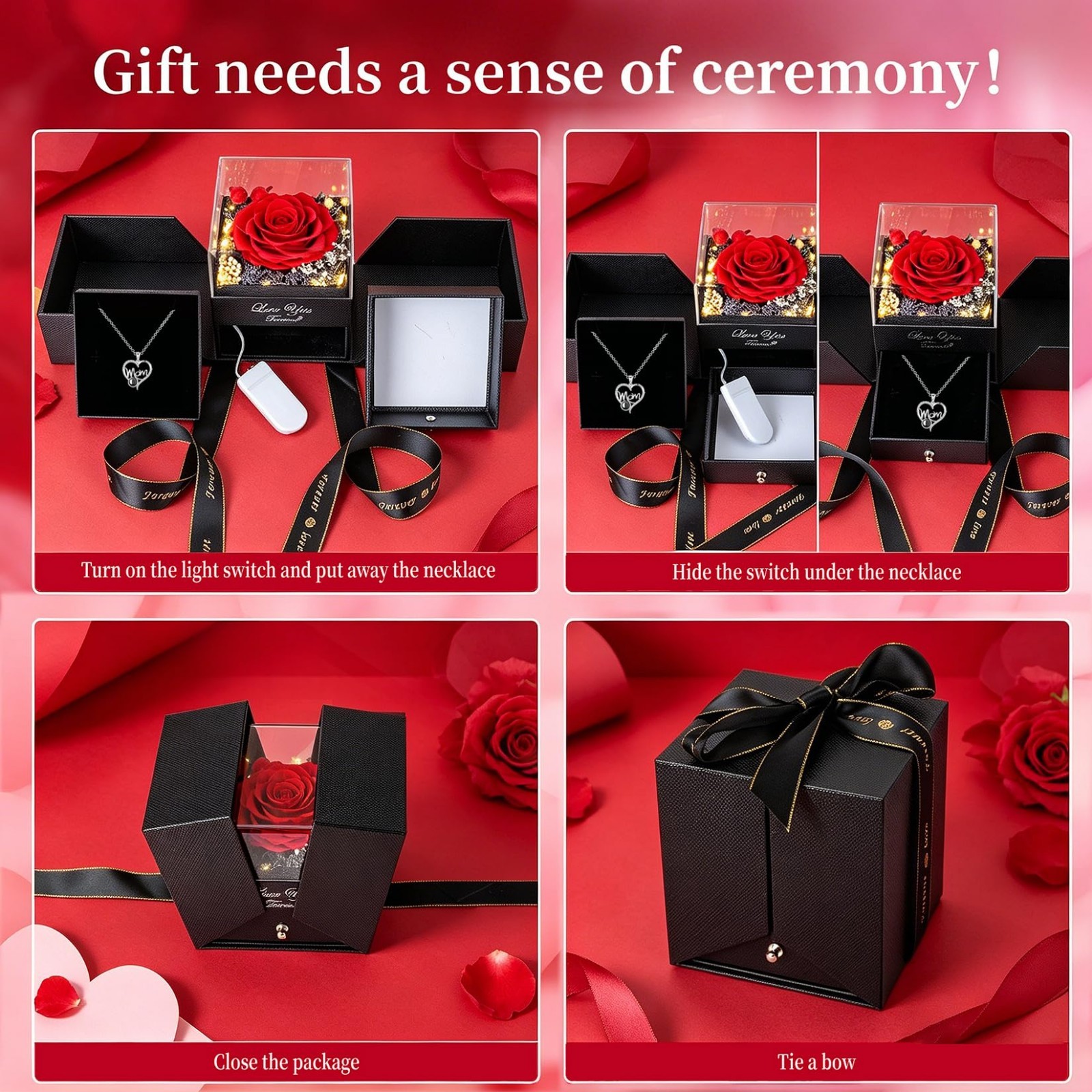 Unique Mother’s Day Gift – Preserved Red Roses & “I Love You” Necklace, Perfect