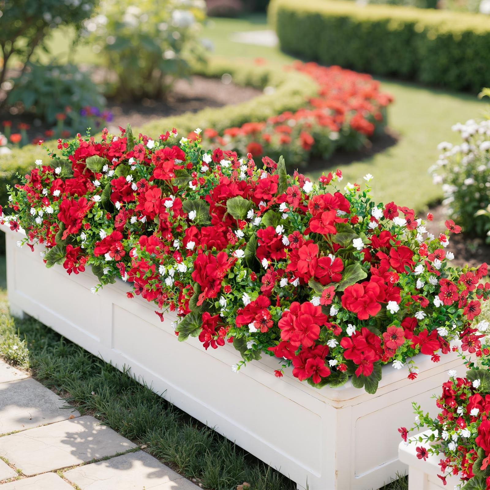 Ouddy Decor 18” Artificial Geraniums Flowers for Outdoors Decor, Large, Red