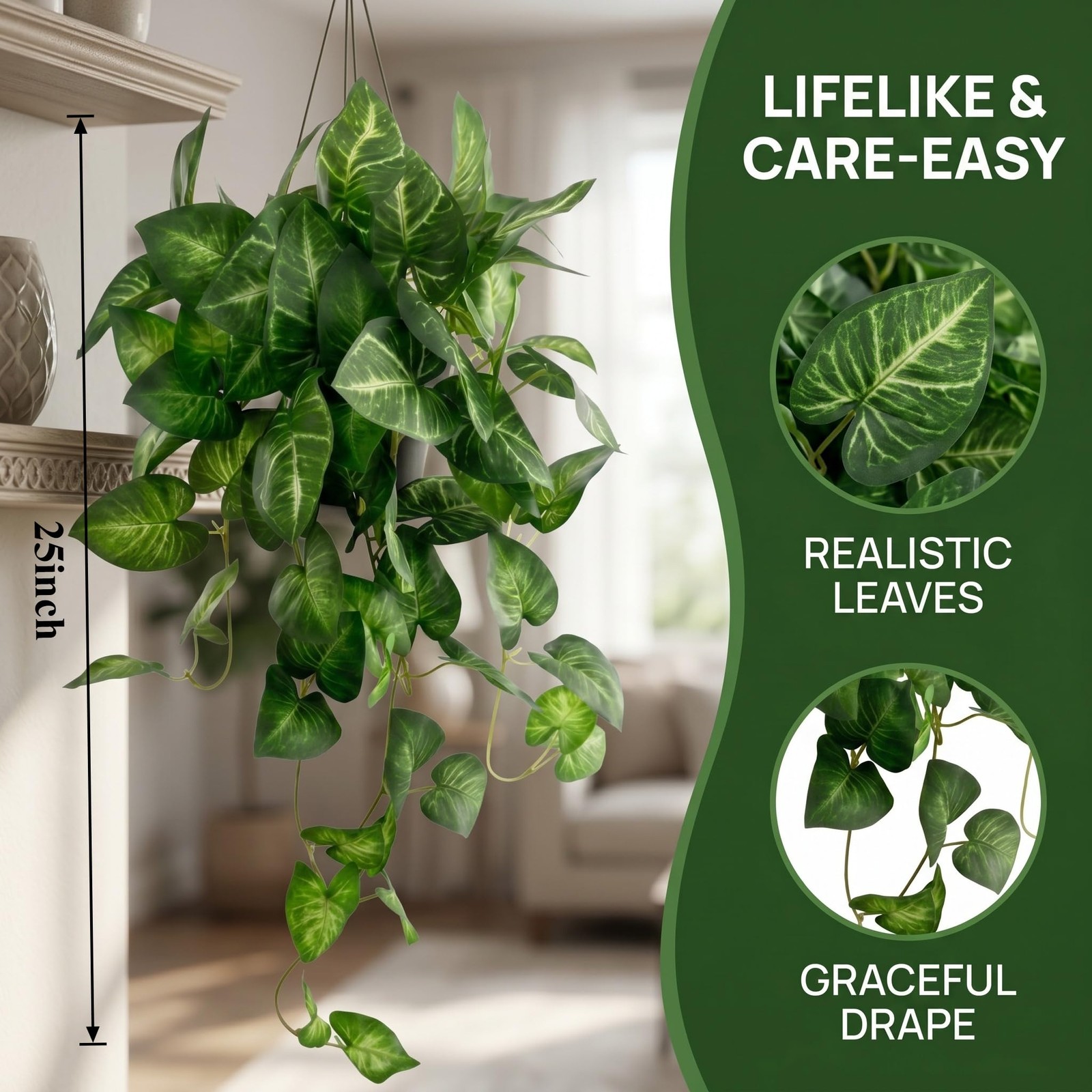 Artificial Pothos Hanging Plant 25in 2 Pack Faux Ivy Vines with Pots