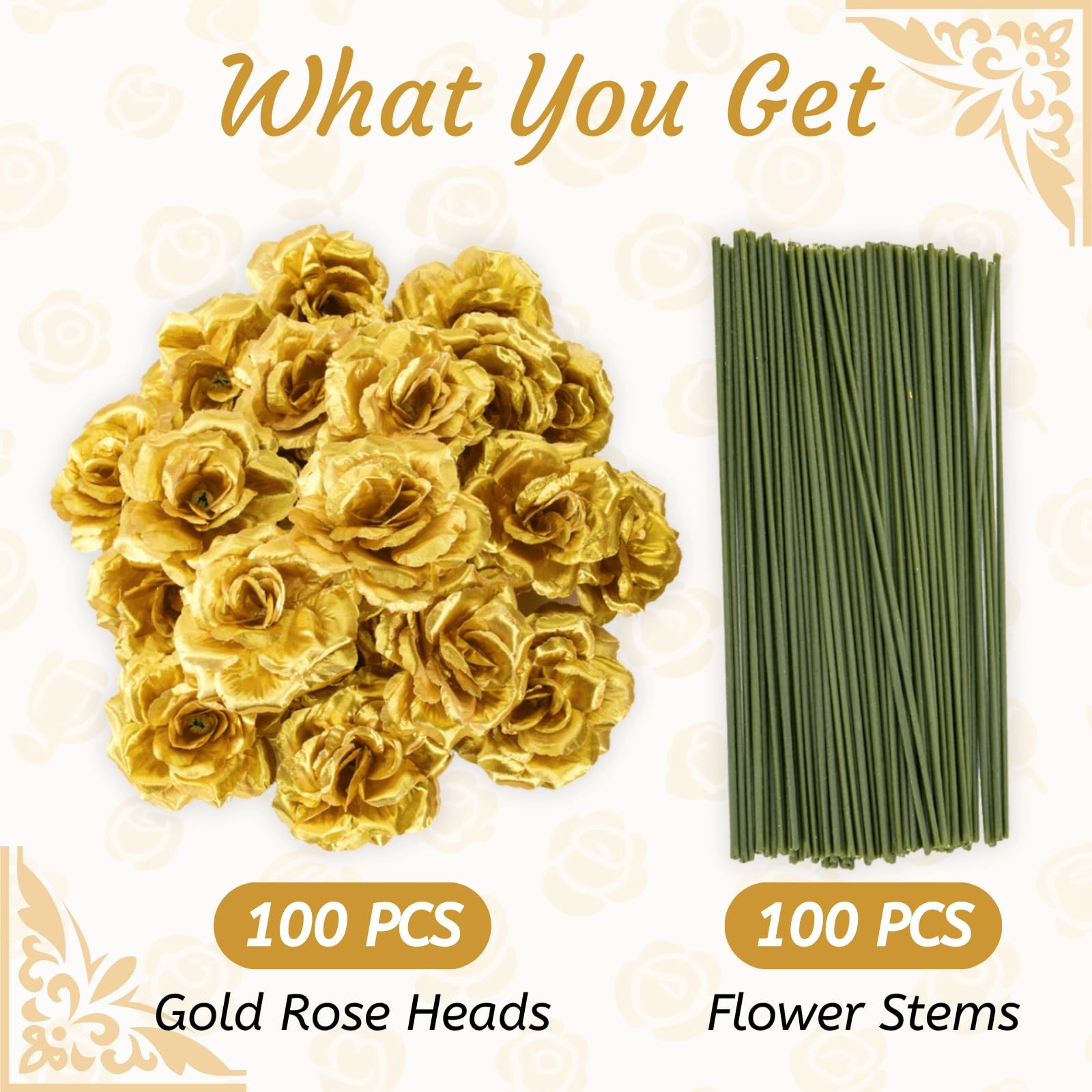 100 Pcs 3.5 Inch Gold Artificial Rose Heads with Stems, Silk Rose Faux Flower…