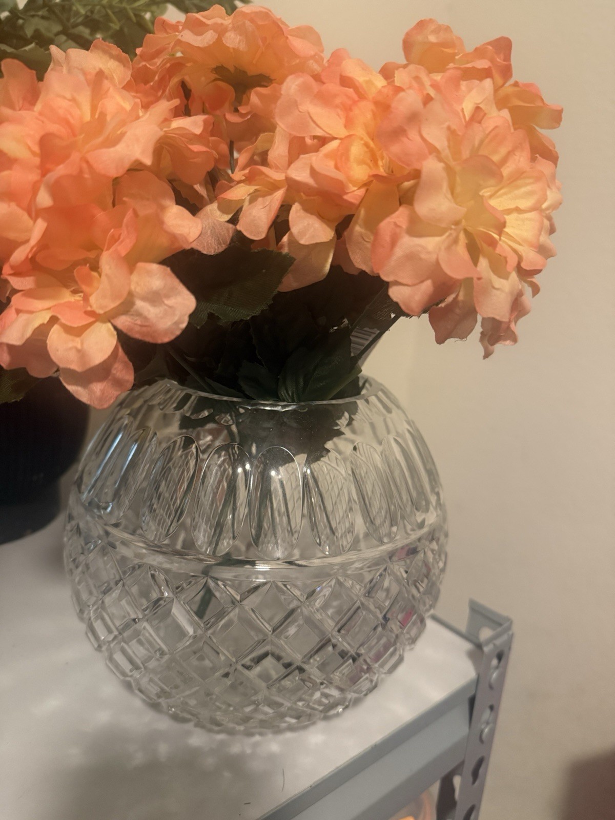 Artificial Floral Garden Zinnia Arrangement Peach Yellow Plastic in Glass Vase