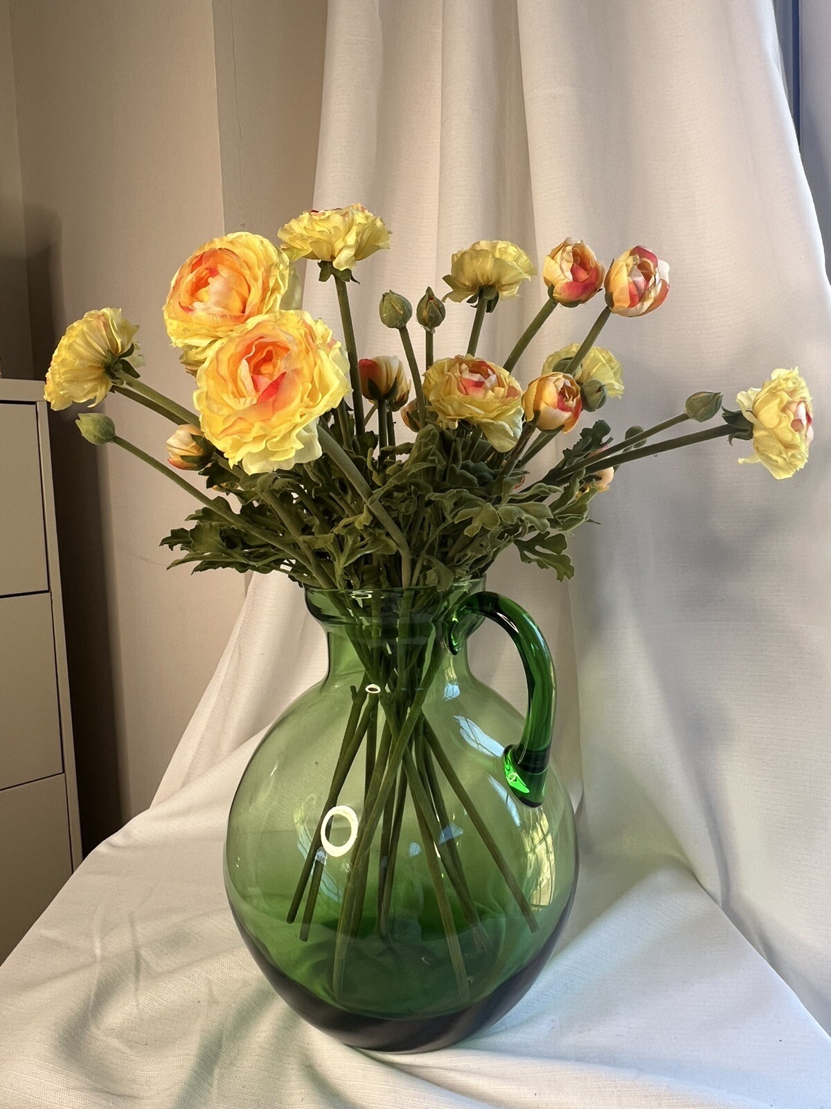 Large Custom Floral Arrangement Realistic Yellow Ranunculus In Green Glass Jug