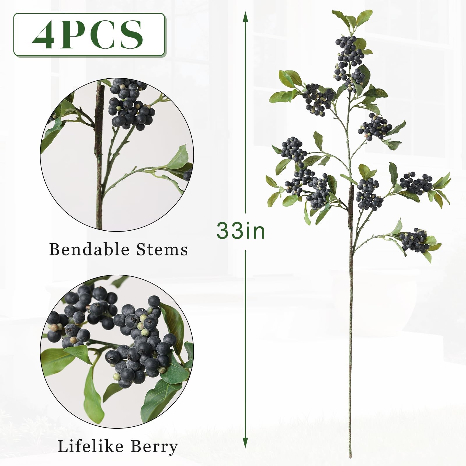 4Pcs 33″Artificial Blueberry Stems, Faux Blueberries Fruit Branch(Blue)