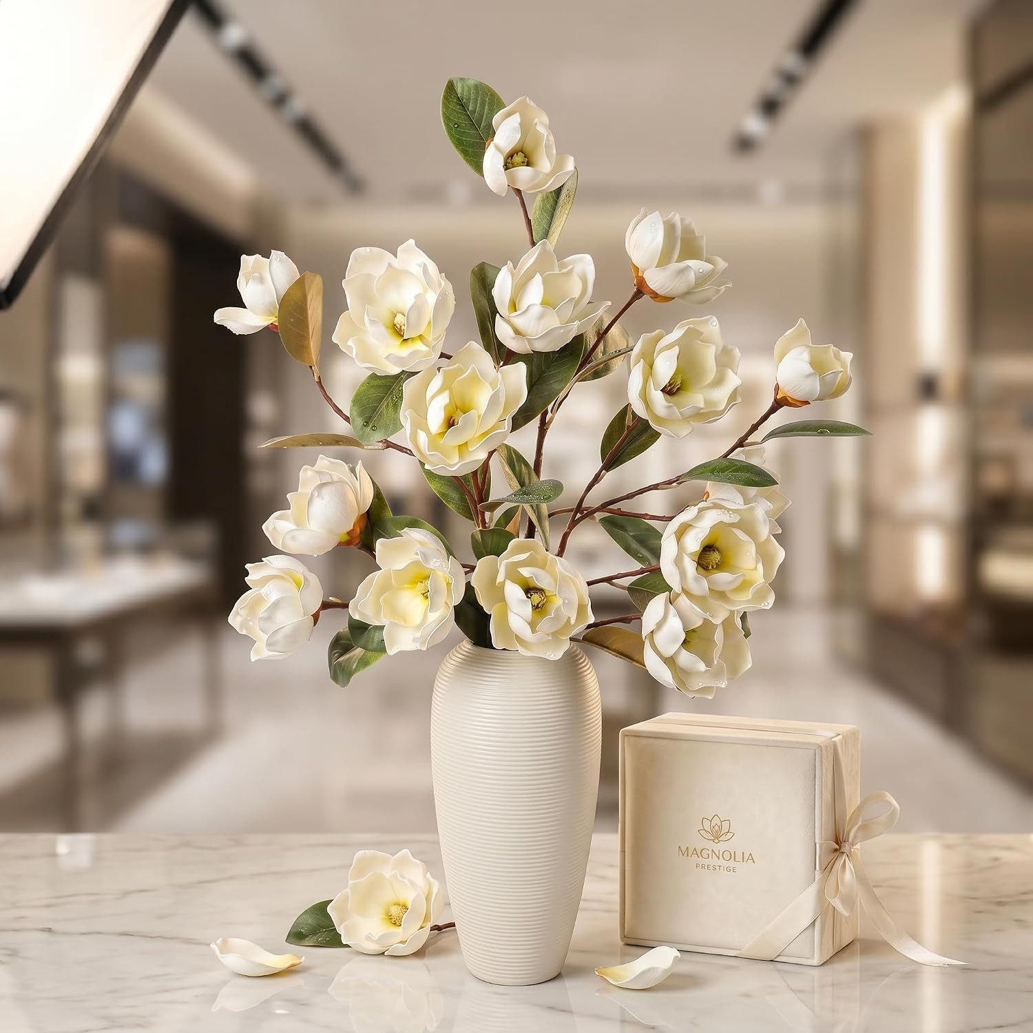 Realistic White Magnolia Faux Flowers with Green Leaves – 3 Pcs for Decor